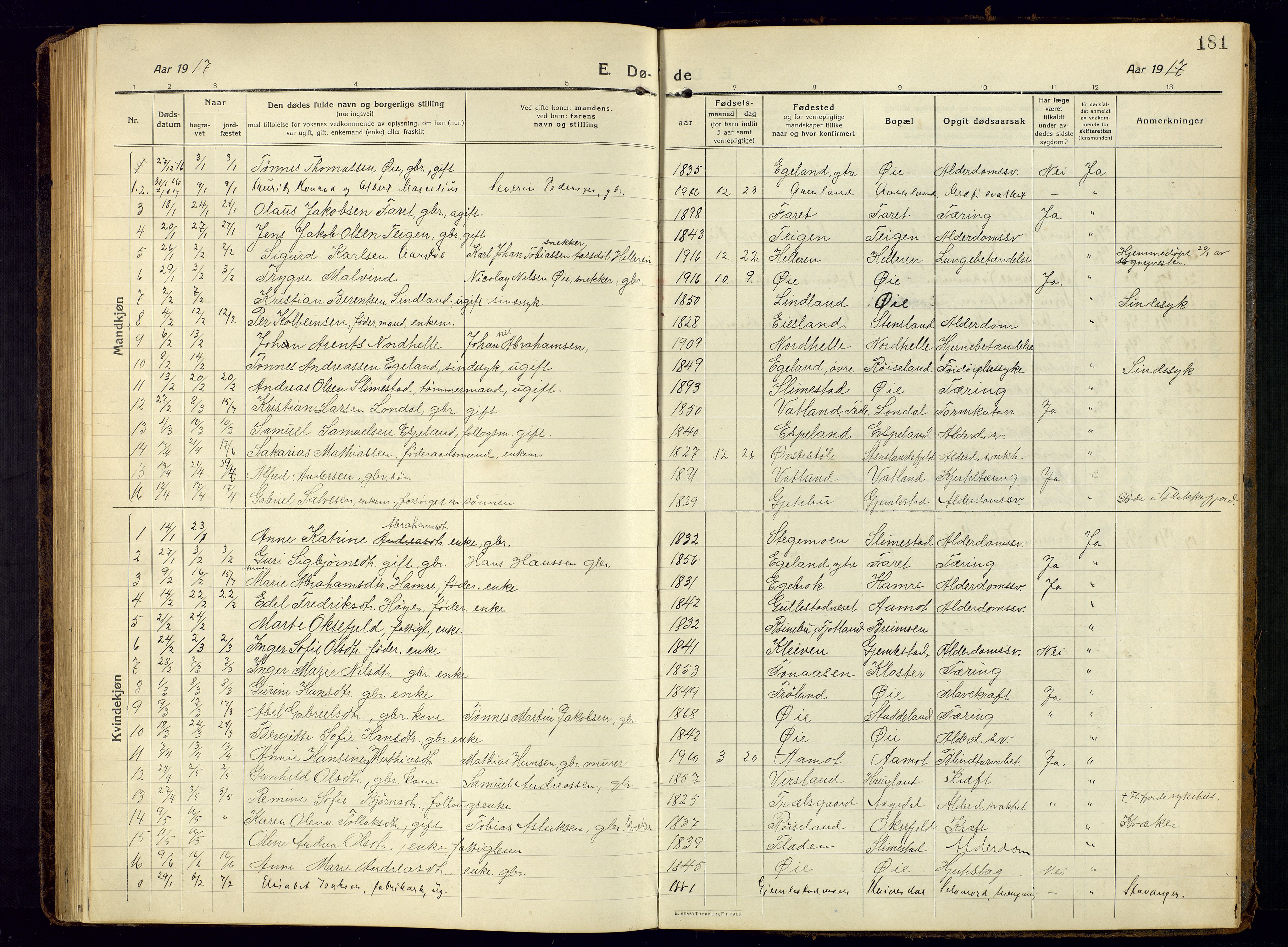 Kvinesdal sokneprestkontor, SAK/1111-0026/F/Fb/Fbb/L0004: Parish register (copy) no. B 4, 1917-1938, p. 181