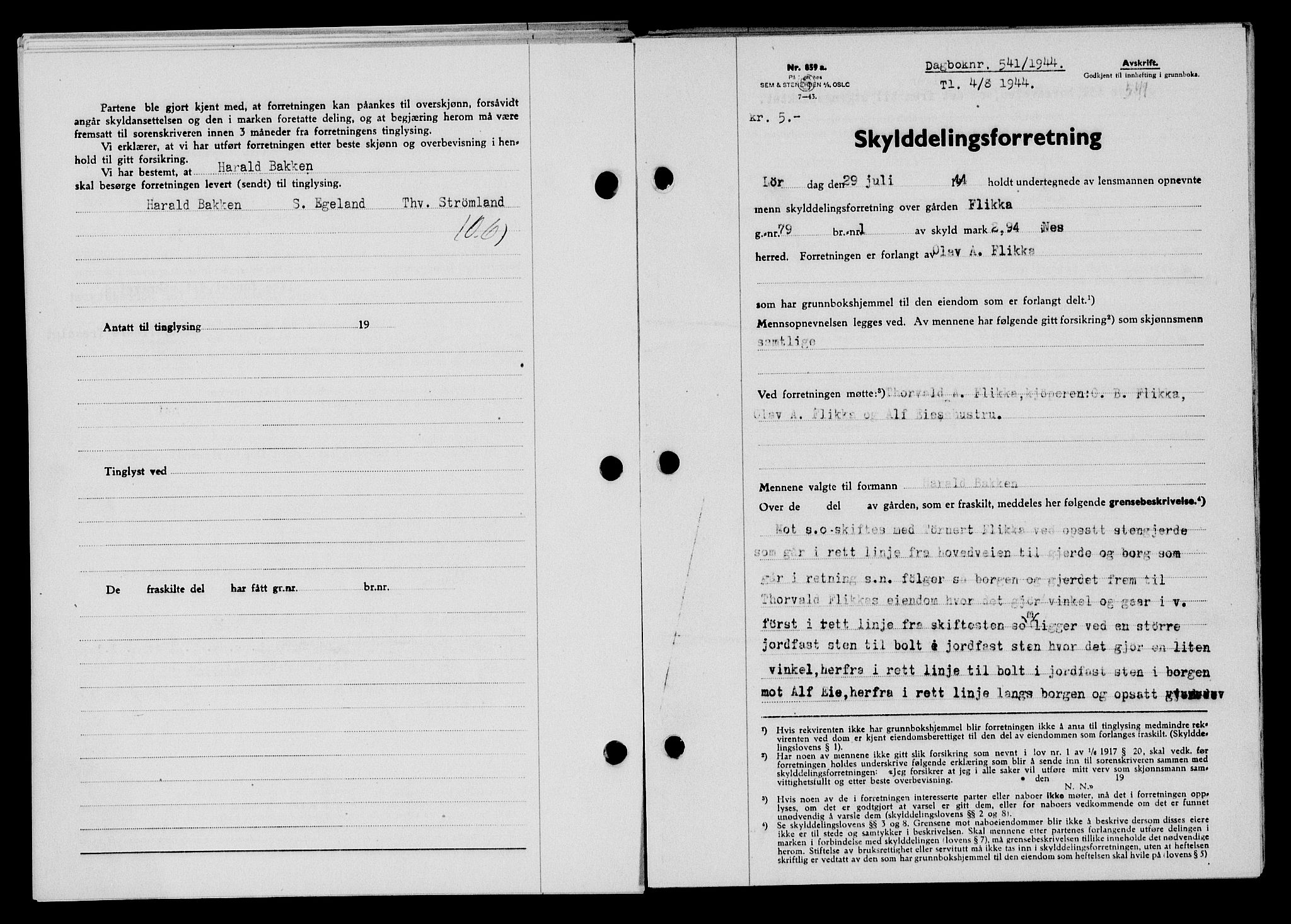 Flekkefjord sorenskriveri, SAK/1221-0001/G/Gb/Gba/L0059: Mortgage book no. A-7, 1944-1945, Diary no: : 541/1944