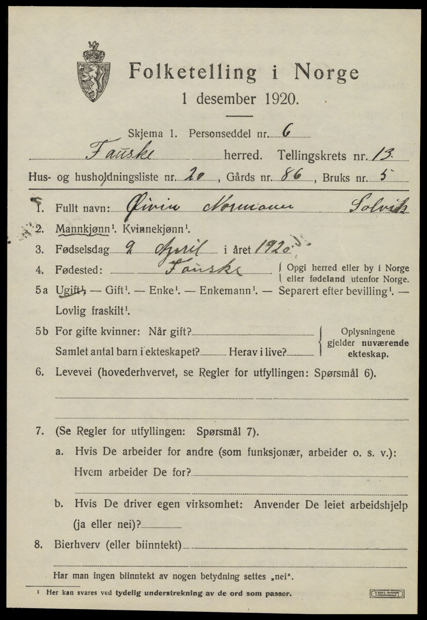 SAT, 1920 census for Fauske, 1920, p. 8670