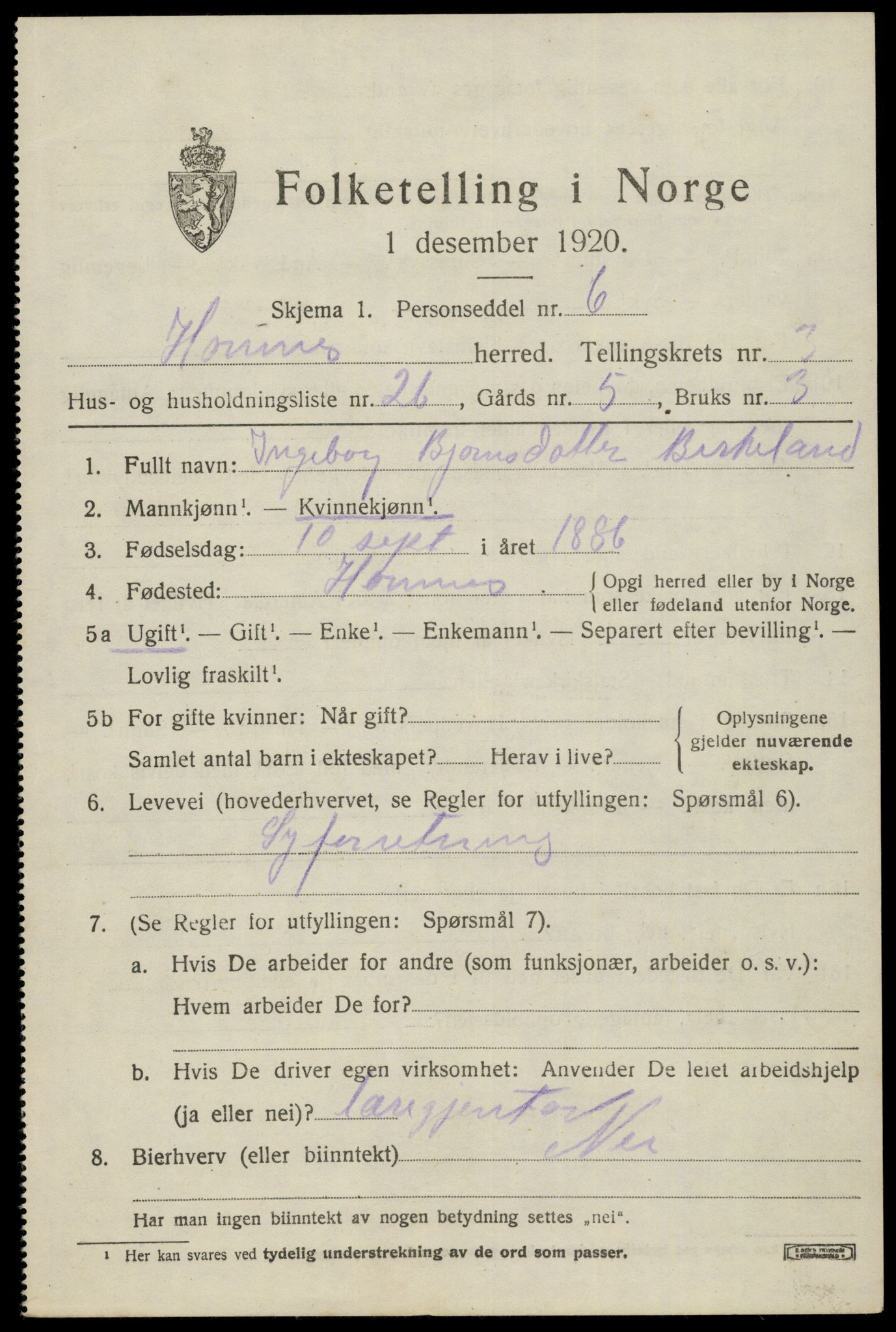 SAK, 1920 census for Hornnes, 1920, p. 1117