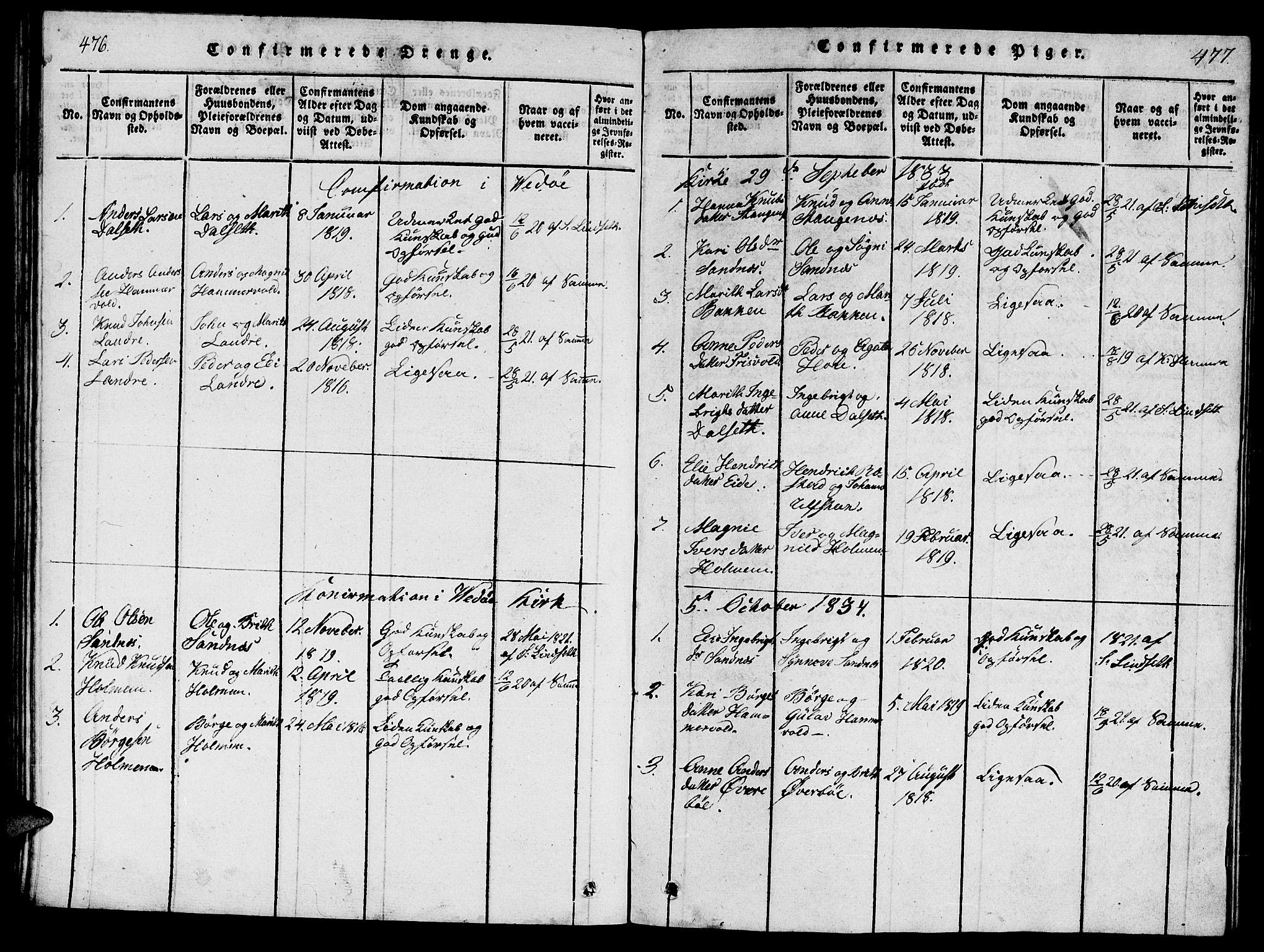 Ministerialprotokoller, klokkerbøker og fødselsregistre - Møre og Romsdal, AV/SAT-A-1454/548/L0613: Parish register (copy) no. 548C01, 1818-1846, p. 476-477