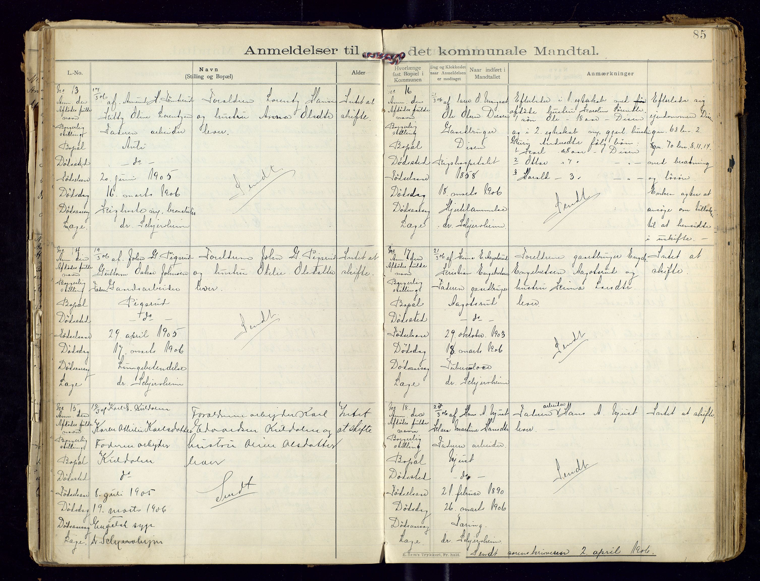 Sør-Odal lensmannskontor, AV/SAH-LHS-022/H/Hb/L0001/0002: Protokoller over anmeldte dødsfall / Protokoll over anmeldte dødsfall, 1901-1913, p. 85