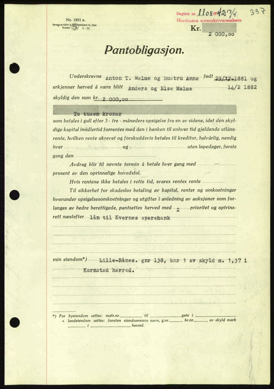 Nordmøre sorenskriveri, AV/SAT-A-4132/1/2/2Ca: Mortgage book no. B89, 1942-1942, Diary no: : 1108/1942