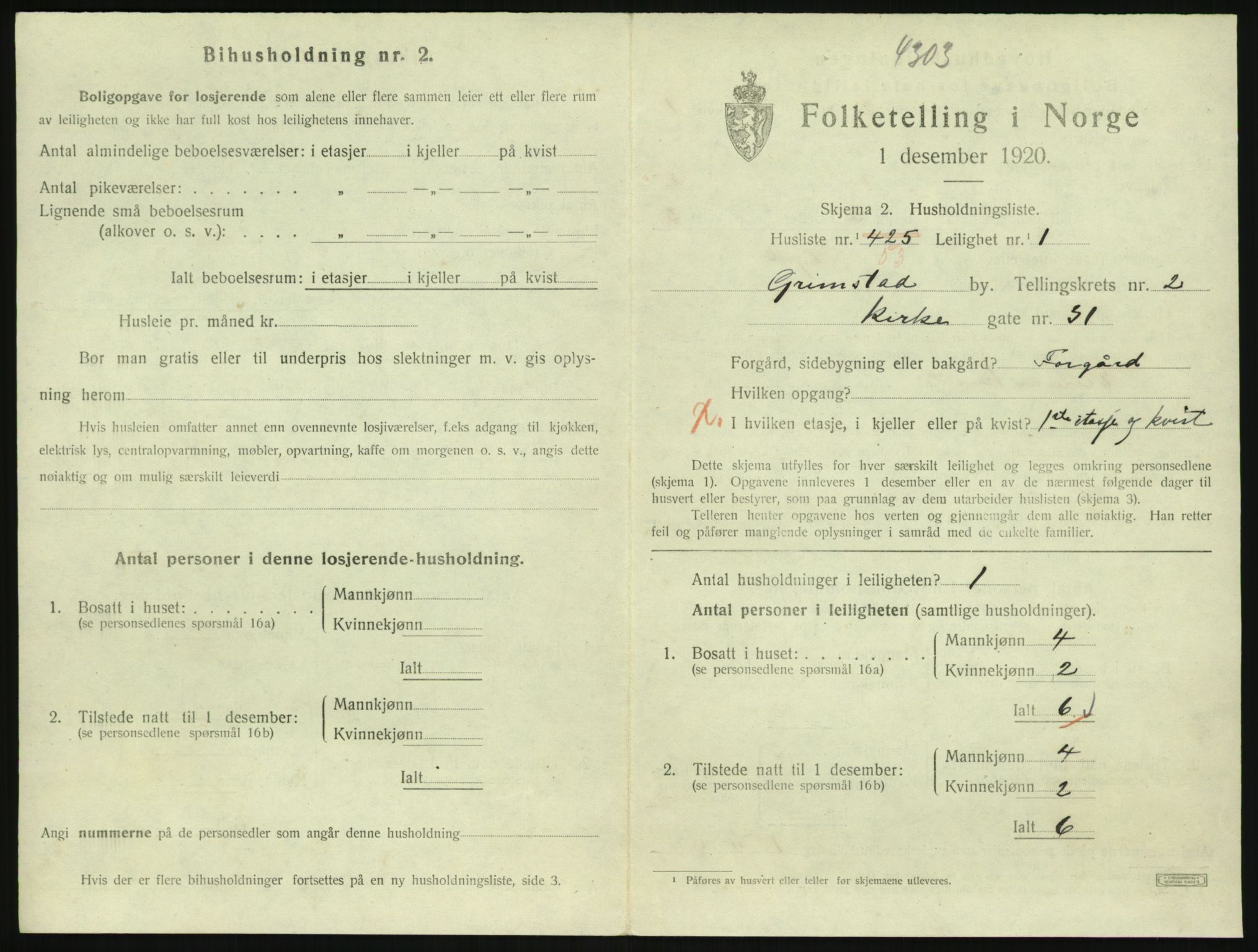 SAK, 1920 census for Grimstad, 1920, p. 1425