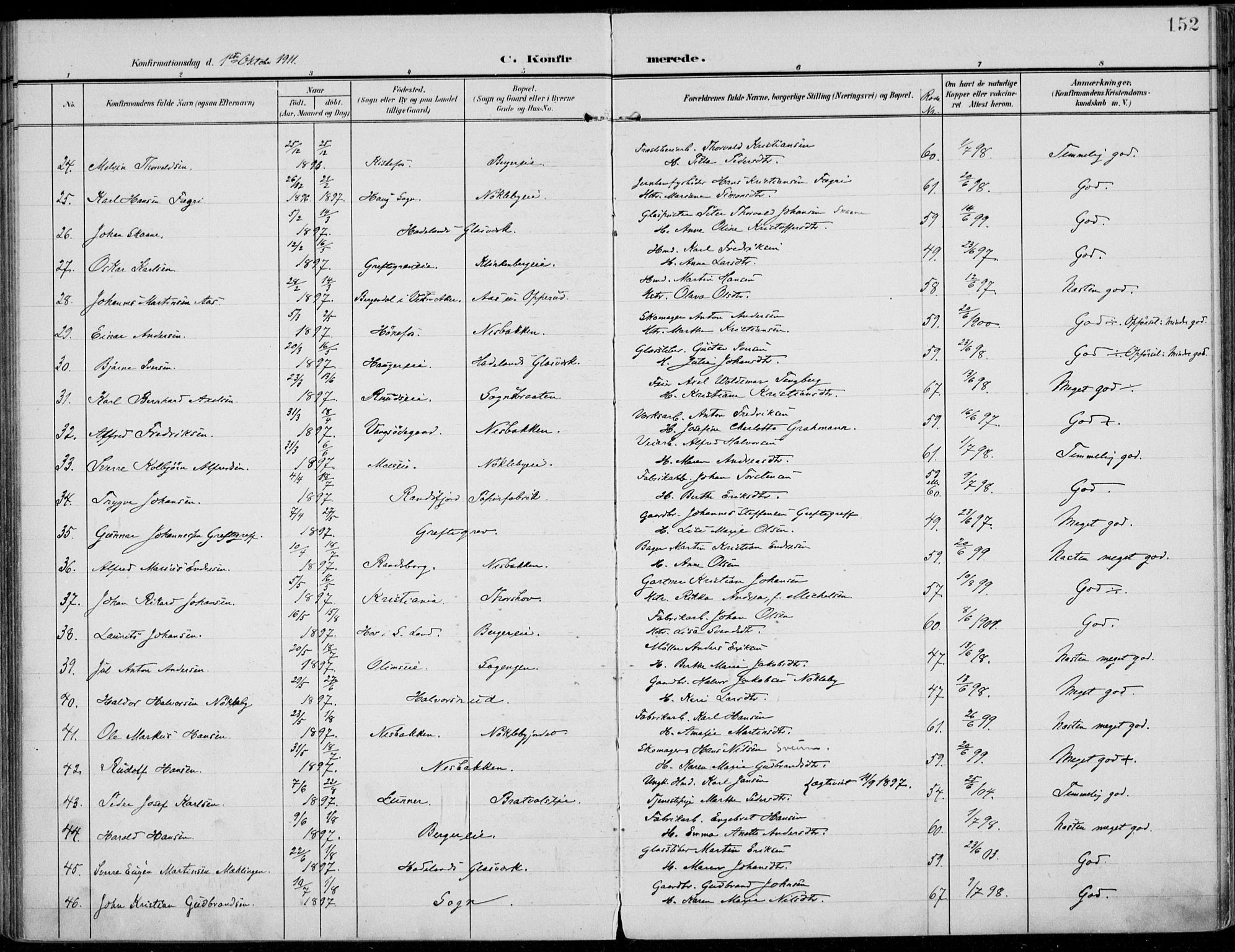 Jevnaker prestekontor, SAH/PREST-116/H/Ha/Haa/L0011: Parish register (official) no. 11, 1902-1913, p. 152