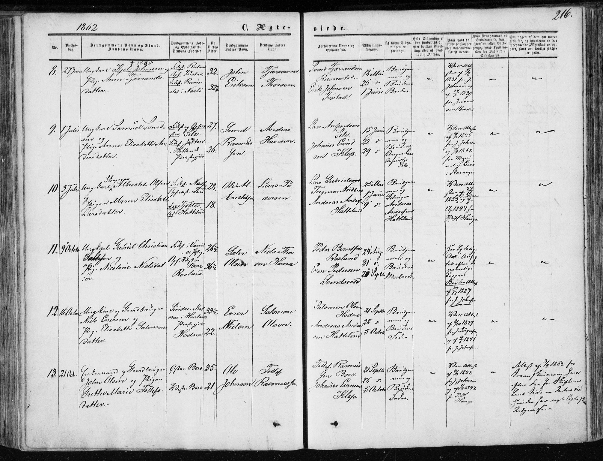 Klepp sokneprestkontor, SAST/A-101803/001/3/30BA/L0005: Parish register (official) no. A 5, 1853-1870, p. 216