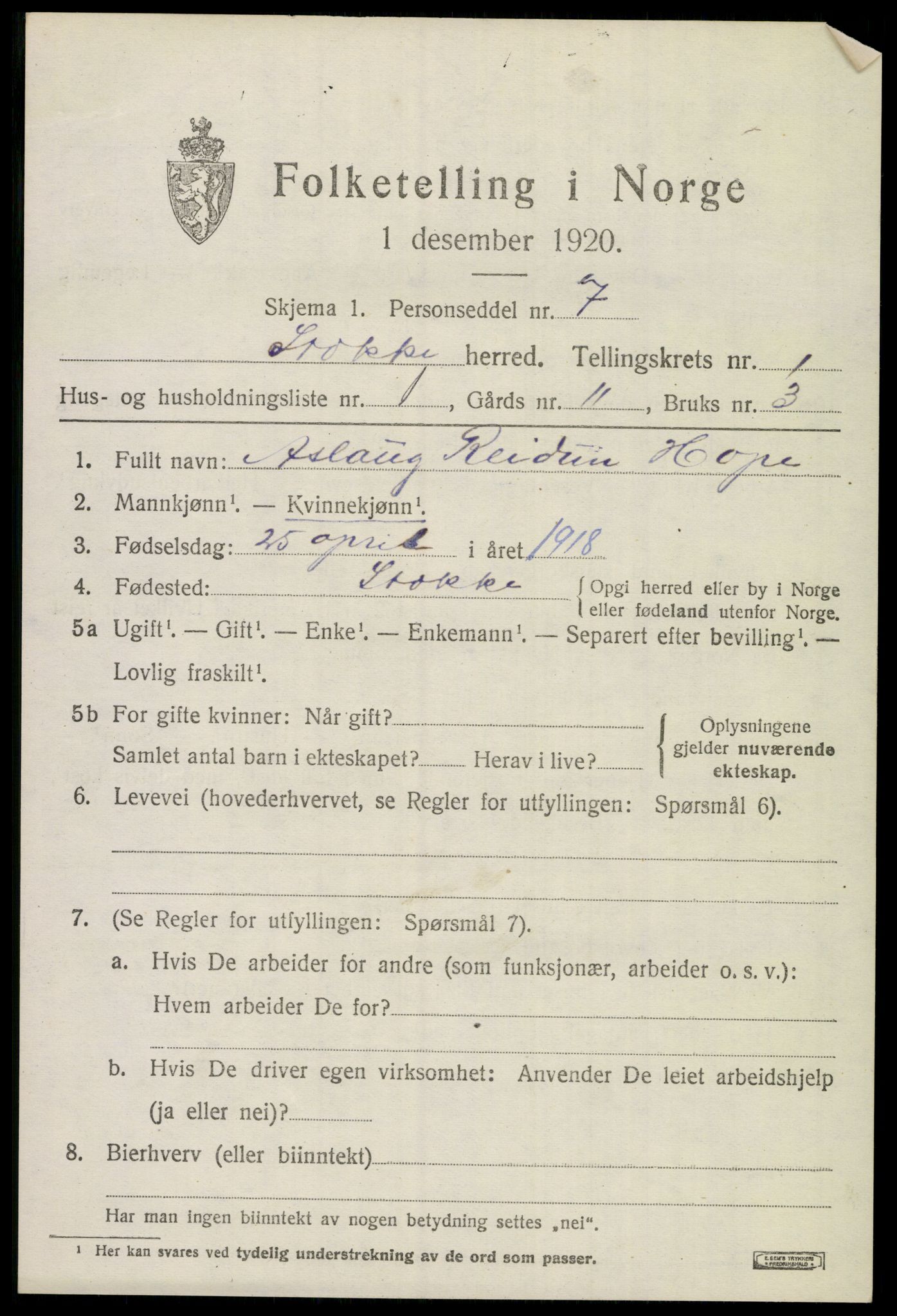 SAKO, 1920 census for Stokke, 1920, p. 2048