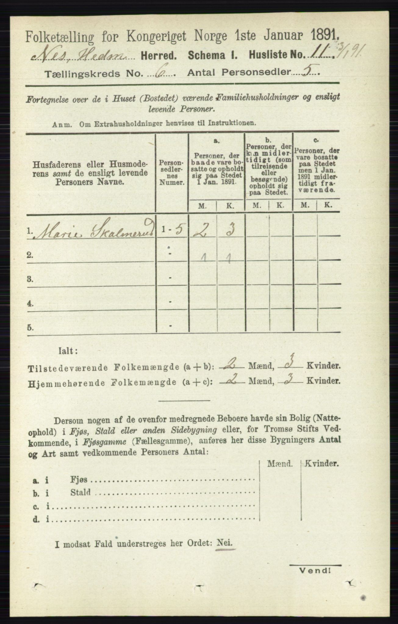 RA, 1891 census for 0411 Nes, 1891, p. 3179