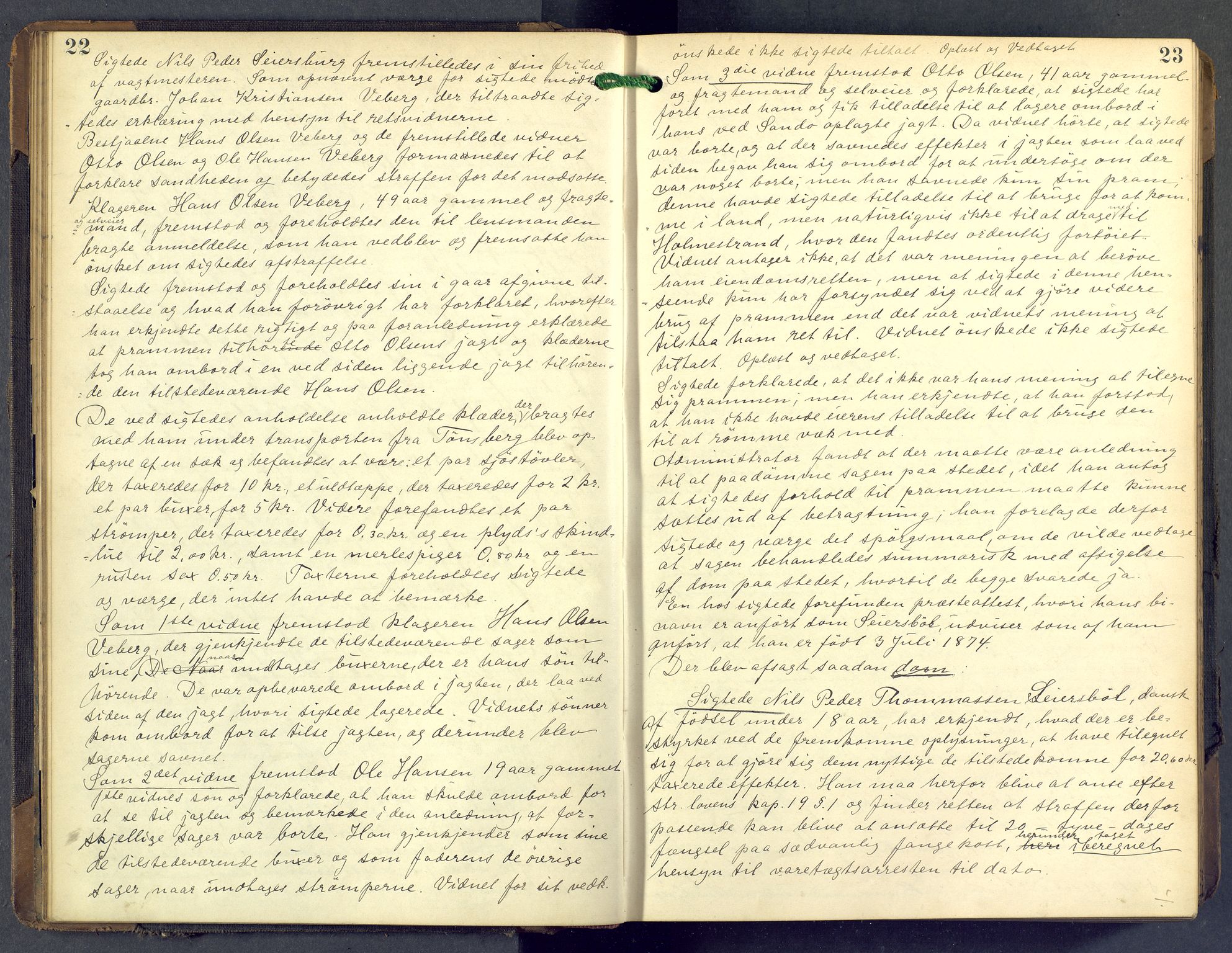 Nordre Jarlsberg sorenskriveri, AV/SAKO-A-80/F/Fb/Fba/L0028: Ekstrarettsprotokoll, 1891-1897, p. 22-23