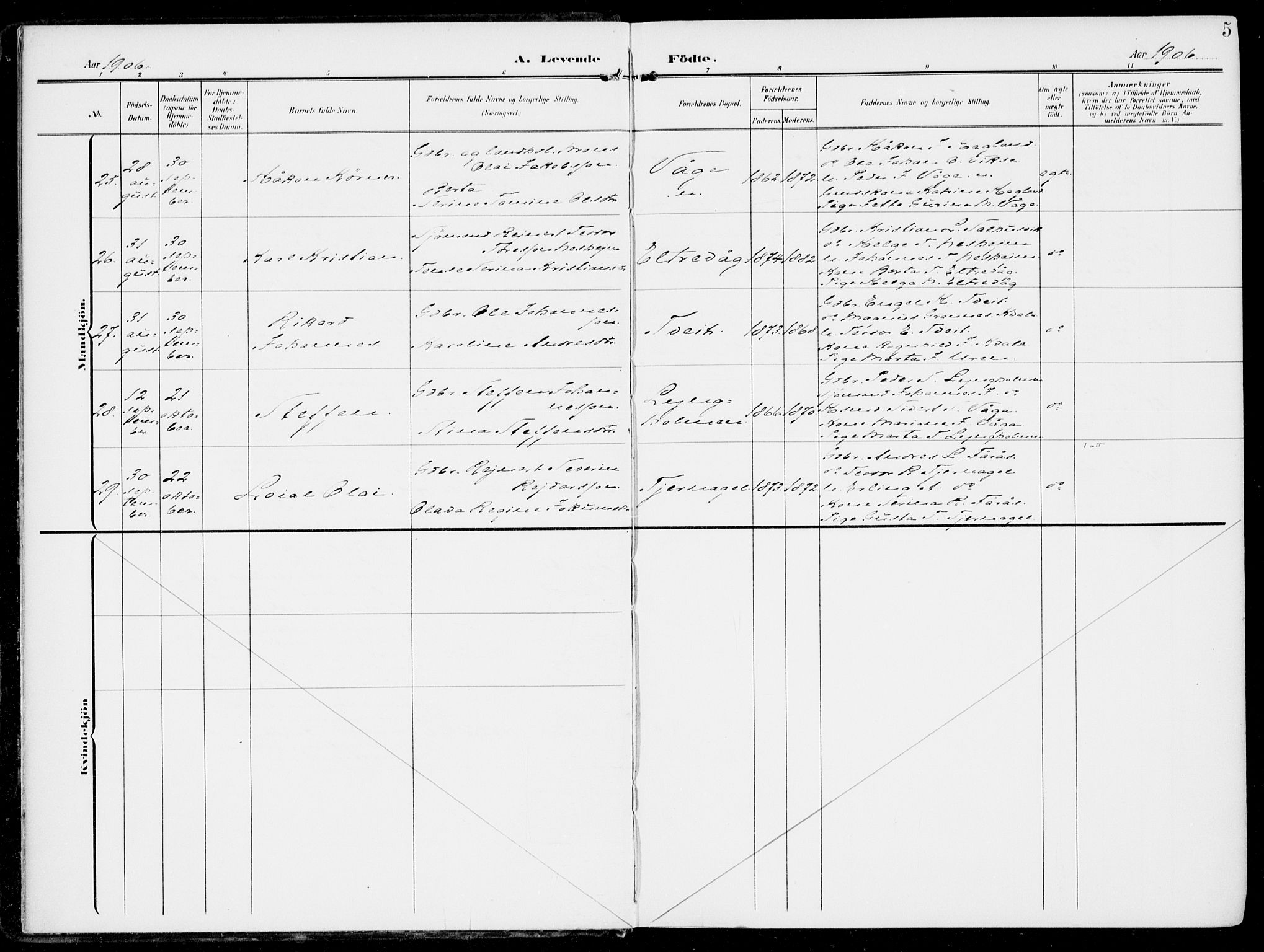 Sveio Sokneprestembete, AV/SAB-A-78501/H/Haa: Parish register (official) no. B  4, 1906-1919, p. 5