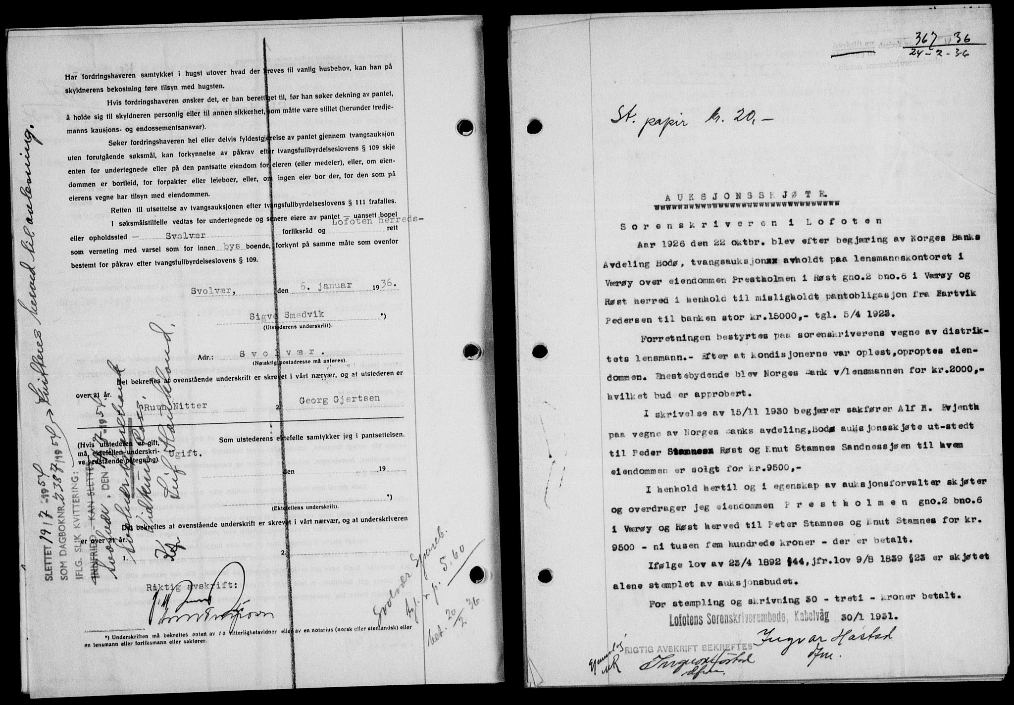 Lofoten sorenskriveri, SAT/A-0017/1/2/2C/L0033b: Mortgage book no. 33b, 1936-1936, Diary no: : 367/1936