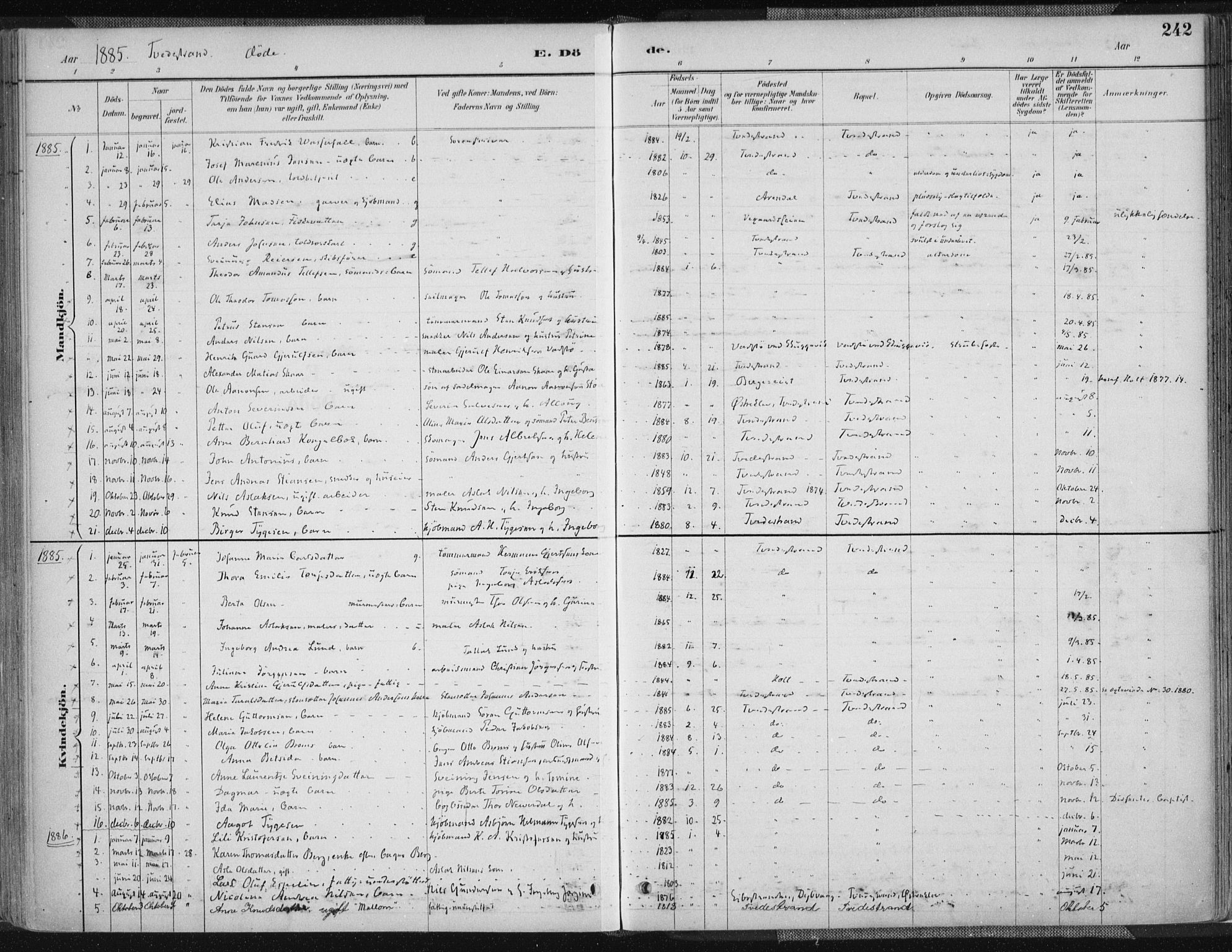 Tvedestrand sokneprestkontor, SAK/1111-0042/F/Fa/L0001: Parish register (official) no. A 1, 1885-1916, p. 242