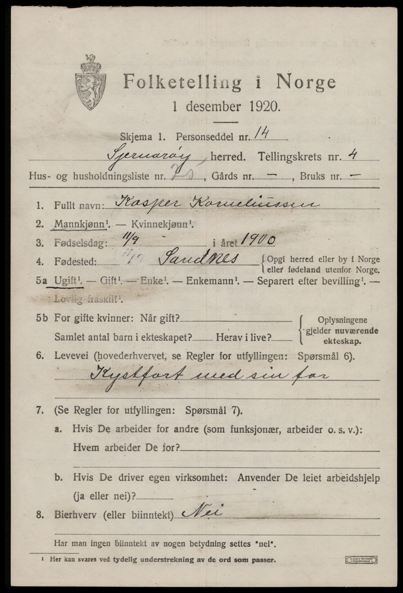 SAST, 1920 census for Sjernarøy, 1920, p. 1232