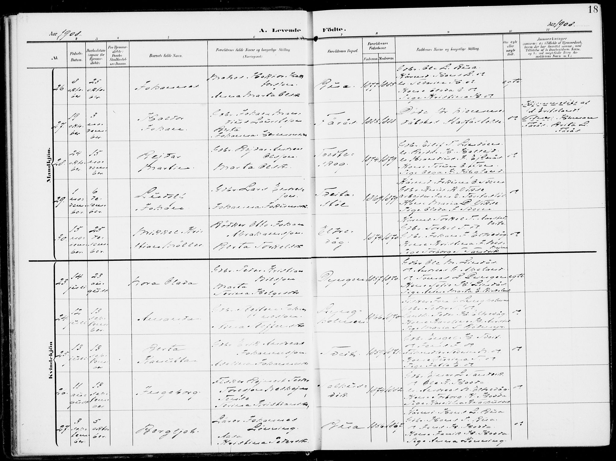 Sveio Sokneprestembete, SAB/A-78501/H/Haa: Parish register (official) no. B  4, 1906-1919, p. 18