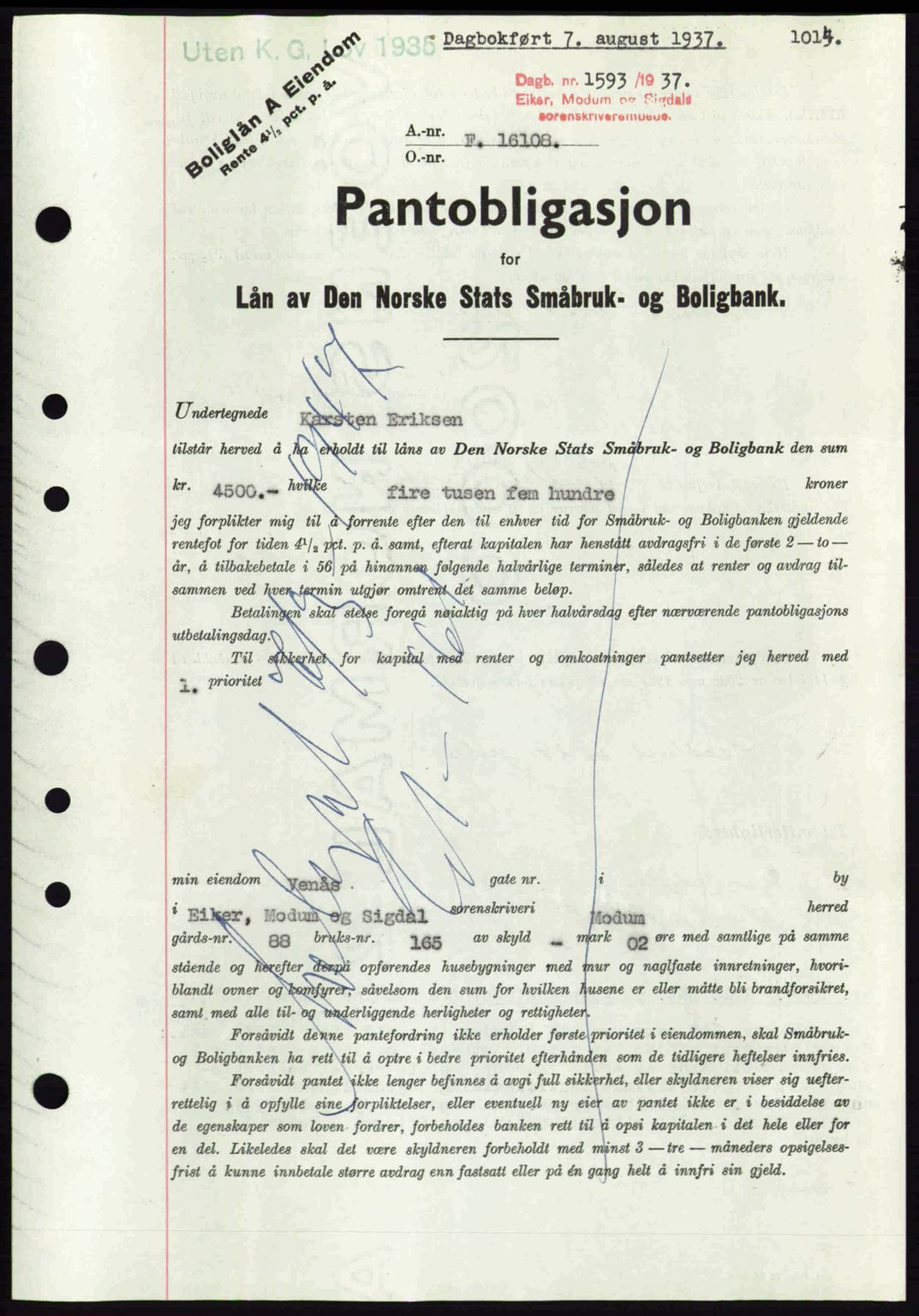 Eiker, Modum og Sigdal sorenskriveri, SAKO/A-123/G/Ga/Gab/L0035: Mortgage book no. A5, 1937-1937, Diary no: : 1593/1937