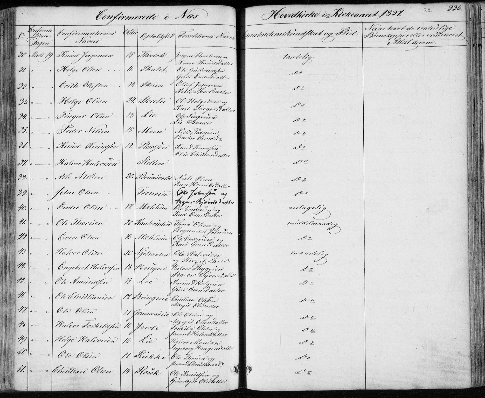 Nes kirkebøker, SAKO/A-236/F/Fa/L0009: Parish register (official) no. 9, 1834-1863, p. 336