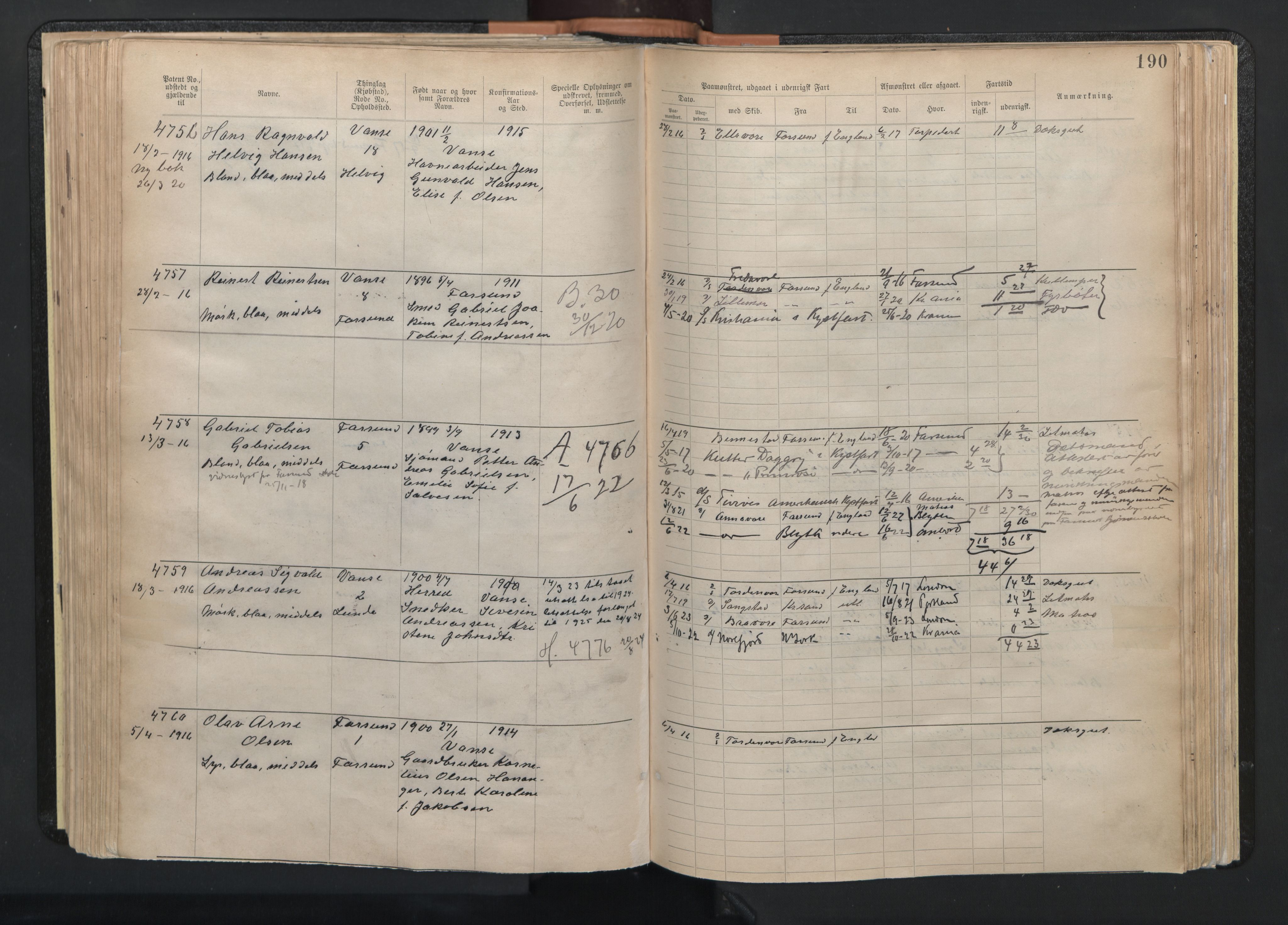 Farsund mønstringskrets, SAK/2031-0017/F/Fa/L0003: Annotasjonsrulle nr 3816-5304 med register, M-3, 1894-1948, p. 221