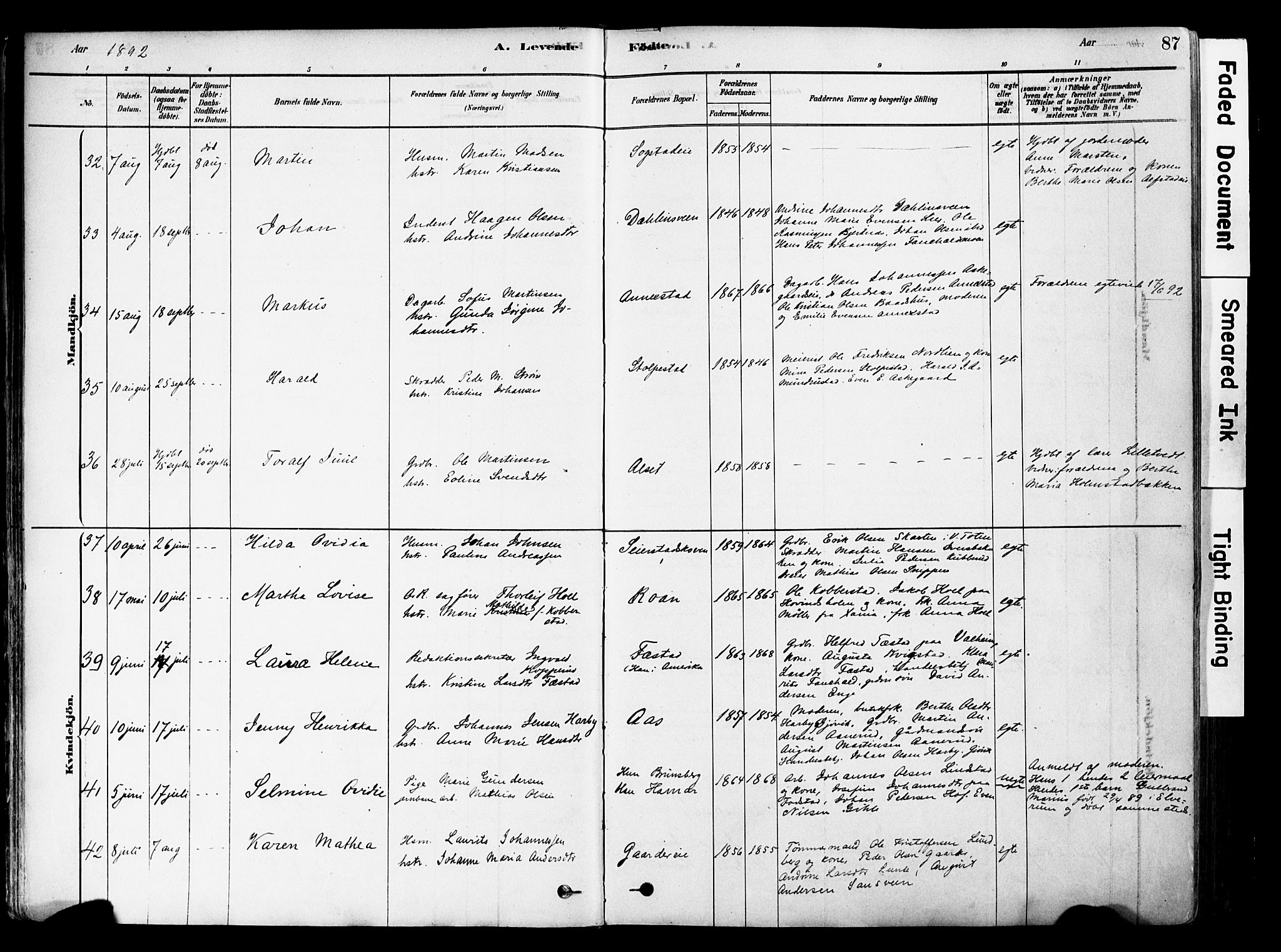 Østre Toten prestekontor, AV/SAH-PREST-104/H/Ha/Haa/L0006: Parish register (official) no. 6 /1, 1878-1896, p. 87