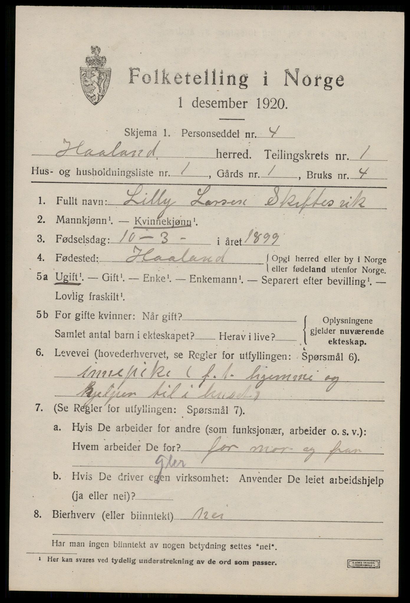 SAST, 1920 census for Håland, 1920, p. 1721