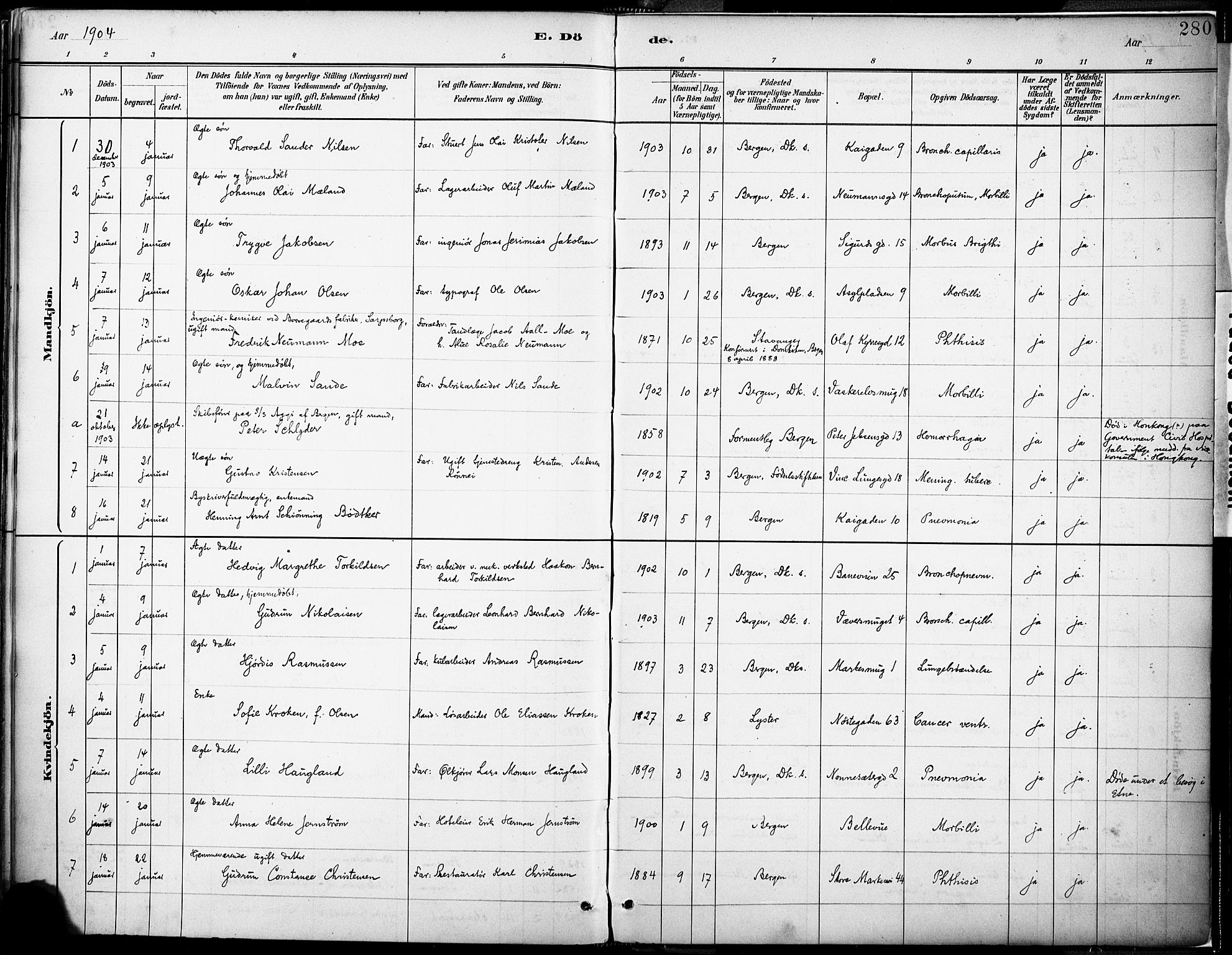 Domkirken sokneprestembete, SAB/A-74801/H/Haa/L0043: Parish register (official) no. E 5, 1882-1904, p. 280