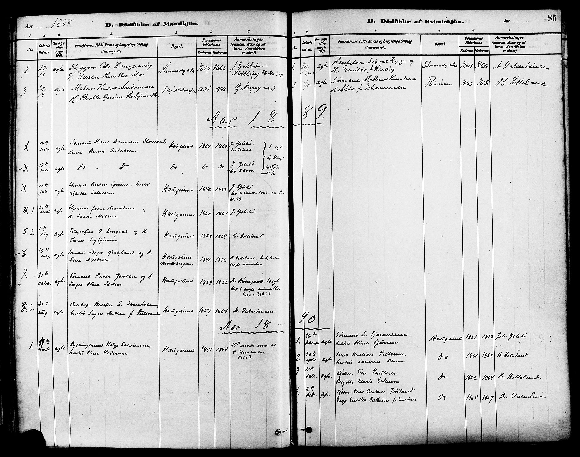 Haugesund sokneprestkontor, AV/SAST-A -101863/H/Ha/Haa/L0003: Parish register (official) no. A 3, 1885-1890, p. 85