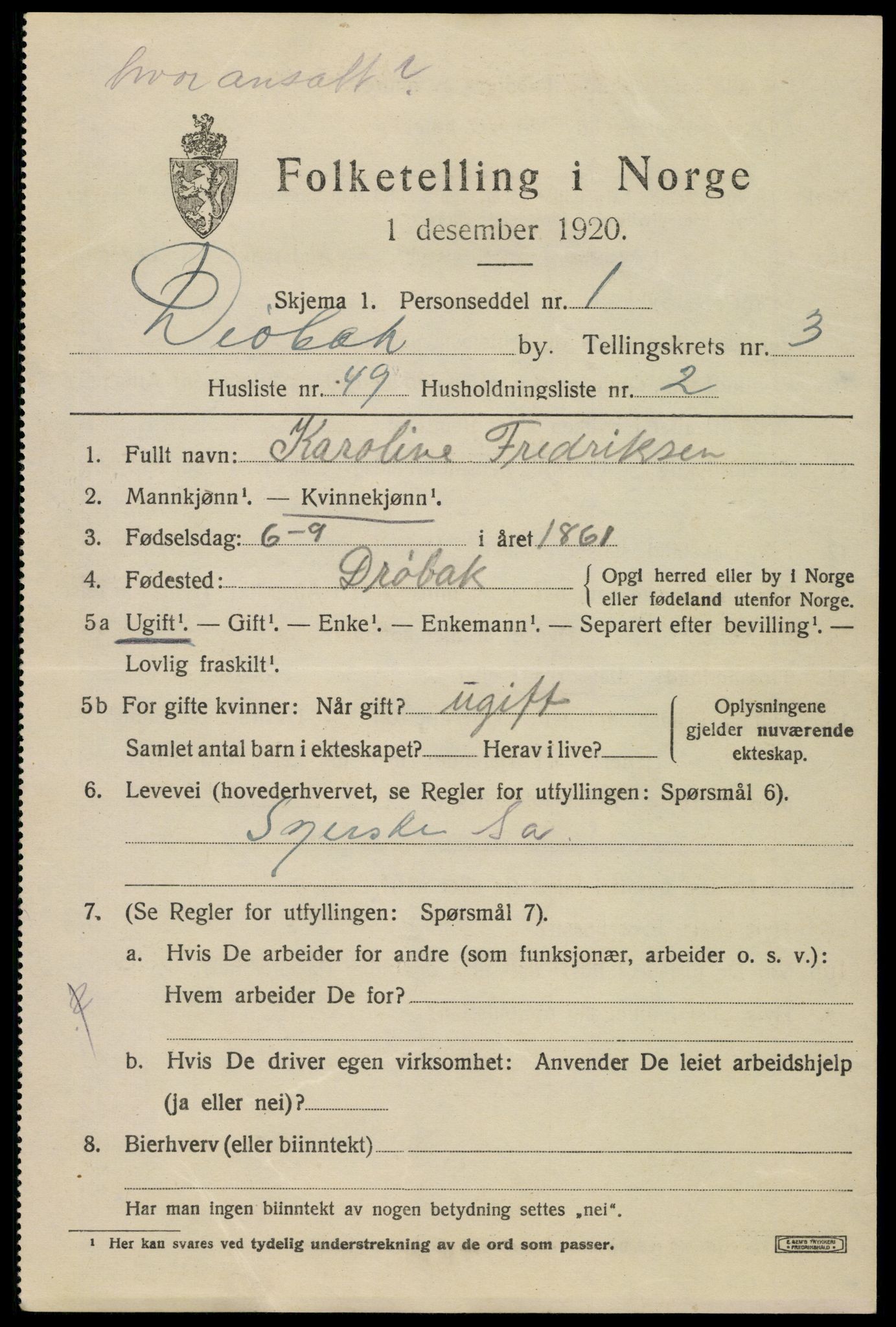 SAO, 1920 census for Drøbak, 1920, p. 4033