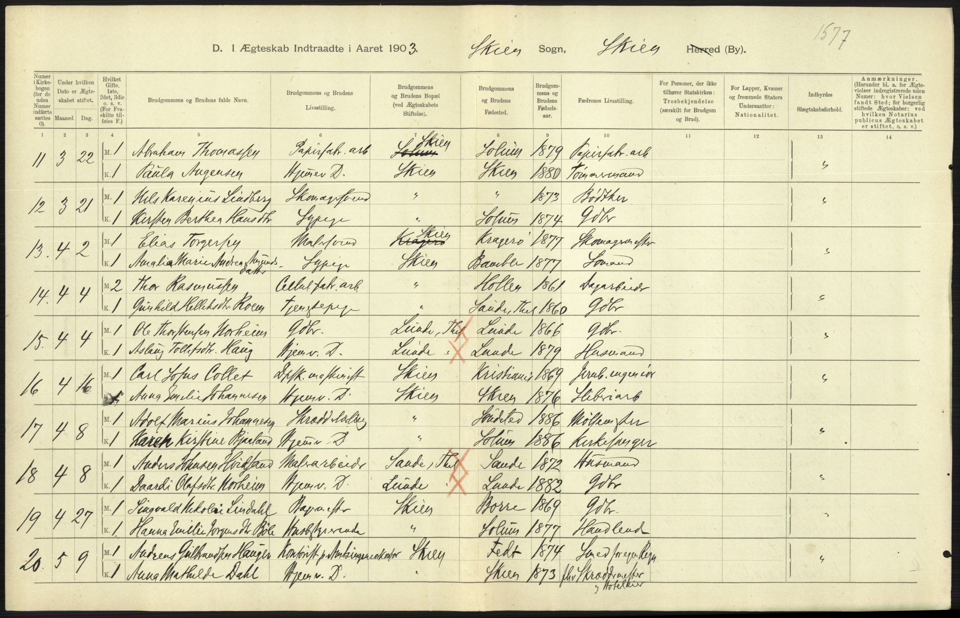 Statistisk sentralbyrå, Sosiodemografiske emner, Befolkning, AV/RA-S-2228/D/Df/Dfa/Dfaa/L0009: Bratsberg amt: Fødte, gifte, døde, 1903, p. 475