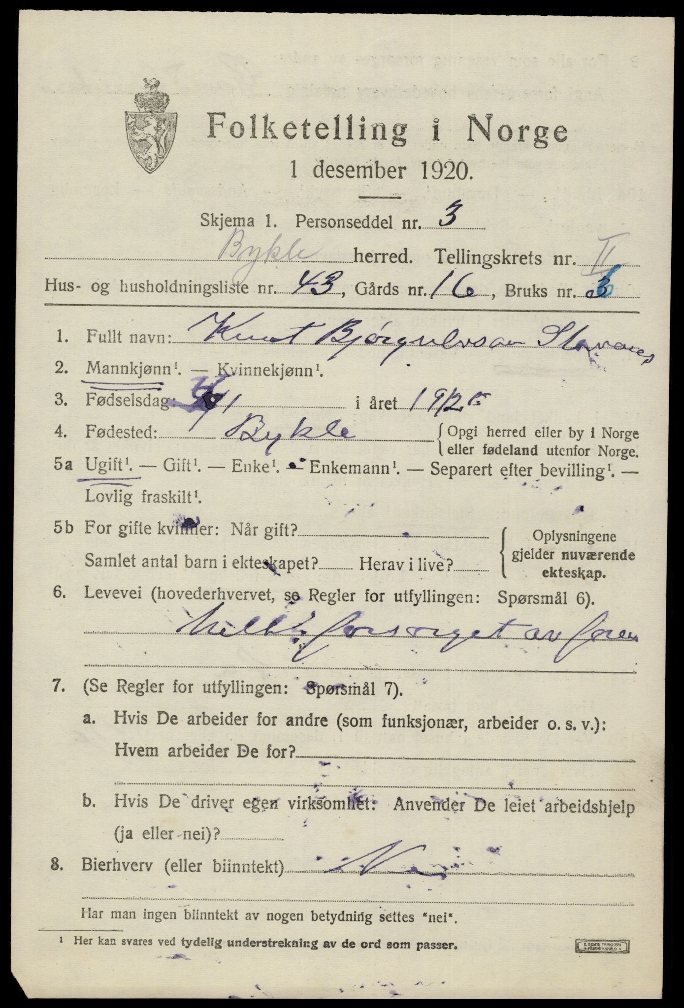 SAK, 1920 census for Bykle, 1920, p. 1007
