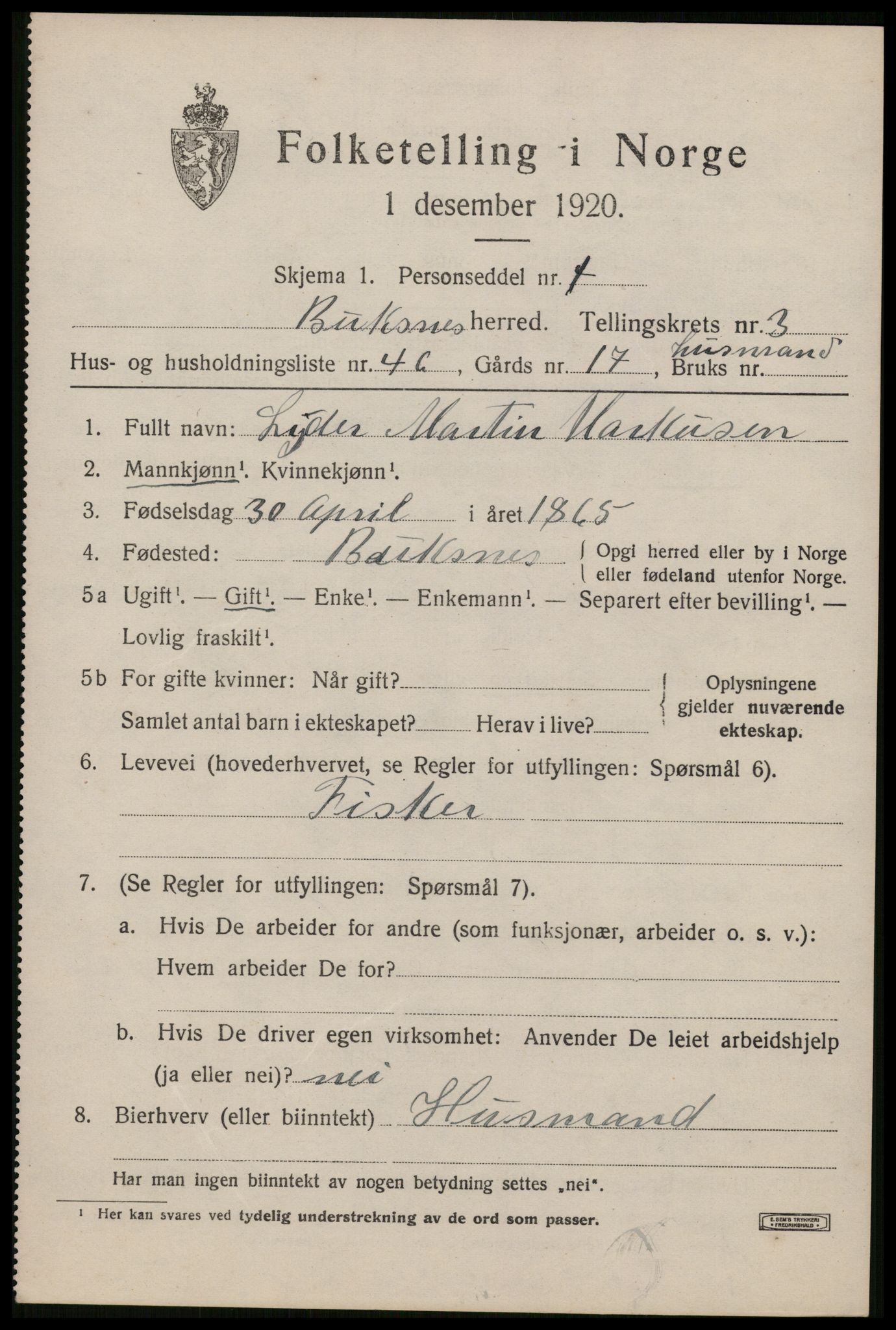 SAT, 1920 census for Buksnes, 1920, p. 3933