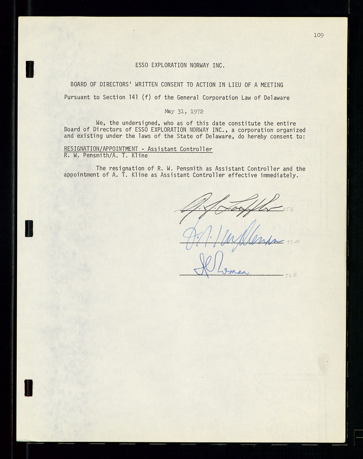 Pa 1512 - Esso Exploration and Production Norway Inc., AV/SAST-A-101917/A/Aa/L0001/0001: Styredokumenter / Corporate records, By-Laws, Board meeting minutes, Incorporations, 1965-1975, p. 109