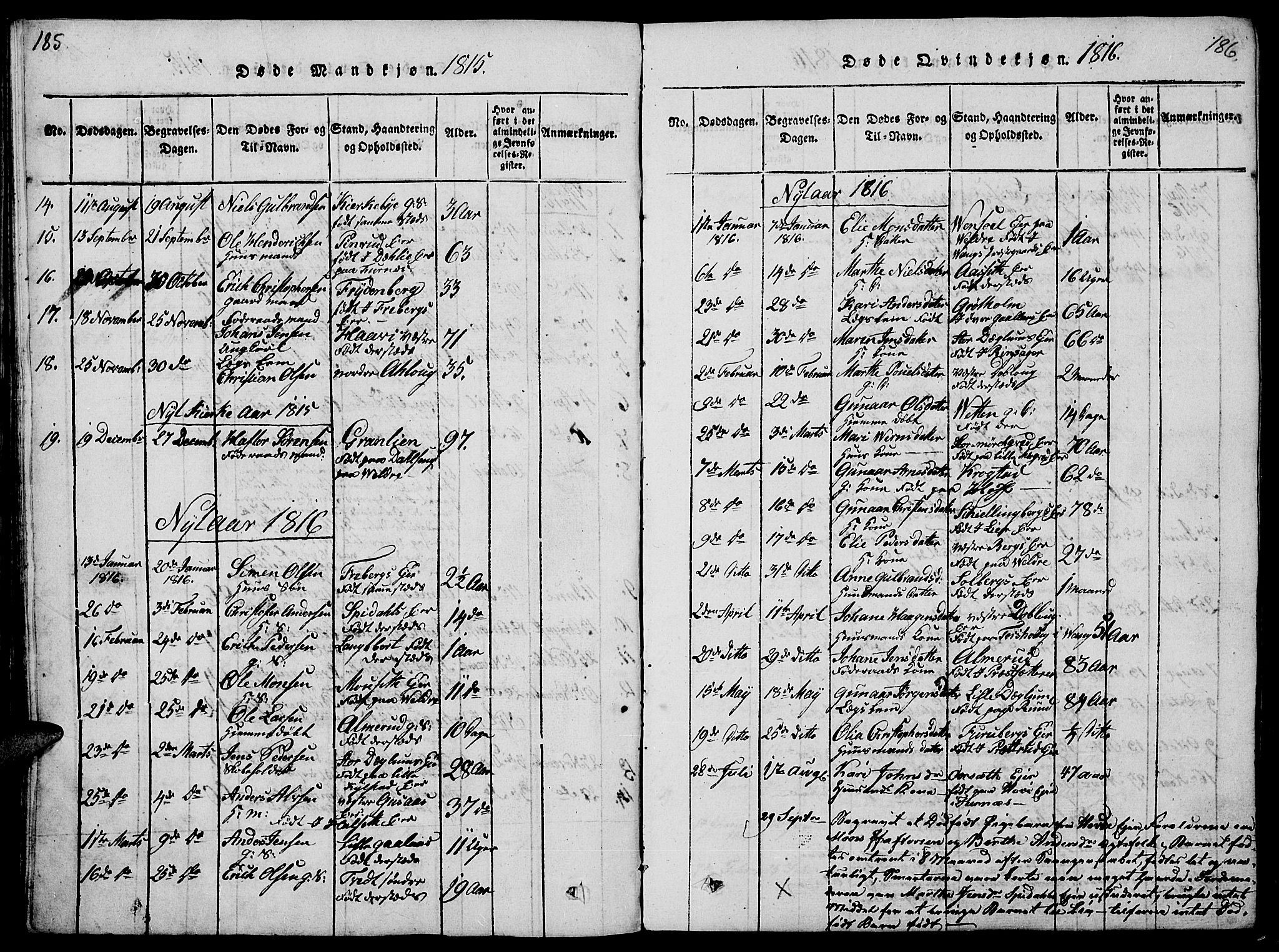 Vang prestekontor, Hedmark, AV/SAH-PREST-008/H/Ha/Haa/L0008: Parish register (official) no. 8, 1815-1826, p. 185-186