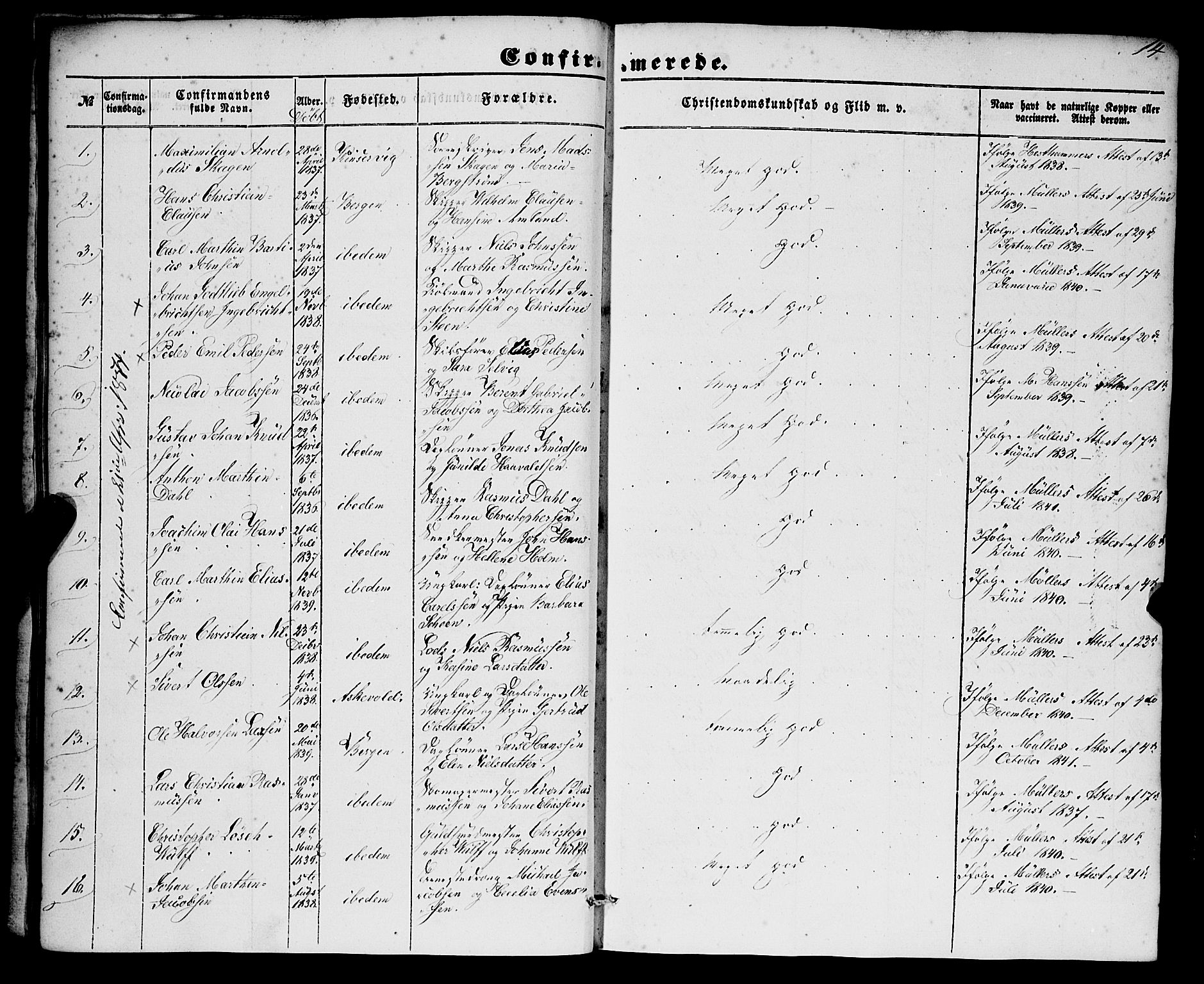 Nykirken Sokneprestembete, SAB/A-77101/H/Haa/L0023: Parish register (official) no. C 2, 1851-1863, p. 14
