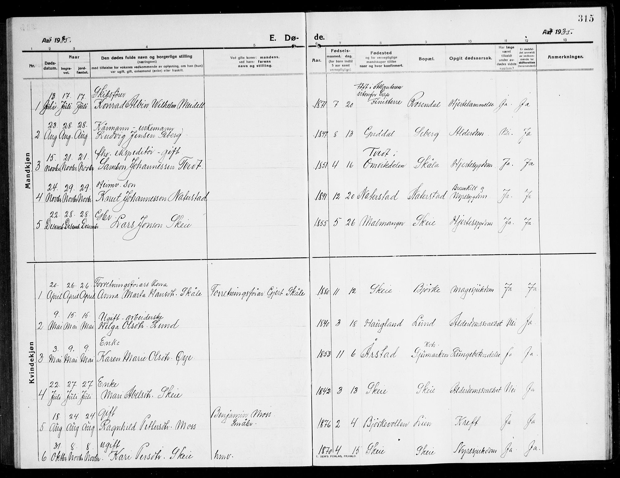 Kvinnherad sokneprestembete, SAB/A-76401/H/Hab: Parish register (copy) no. A 3, 1911-1945, p. 315