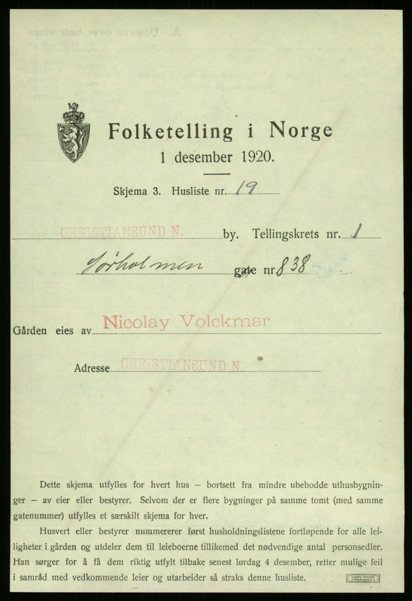 SAT, 1920 census for Kristiansund, 1920, p. 217