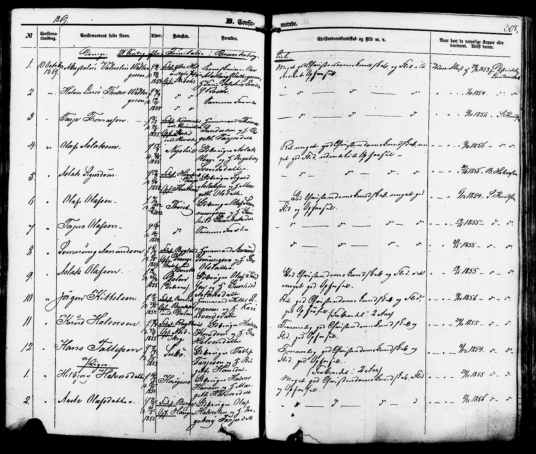 Kviteseid kirkebøker, SAKO/A-276/F/Fa/L0007: Parish register (official) no. I 7, 1859-1881, p. 308