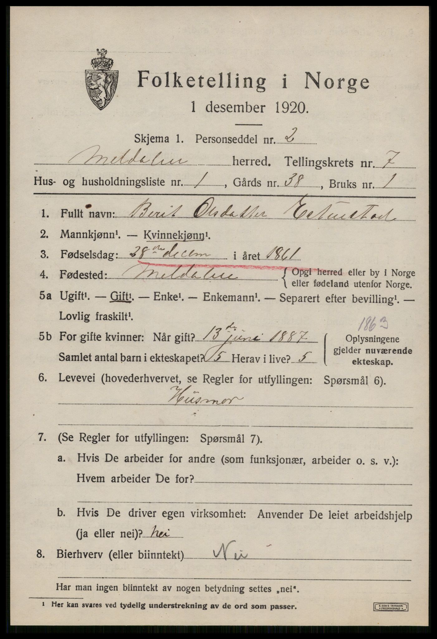 SAT, 1920 census for Meldal, 1920, p. 7287