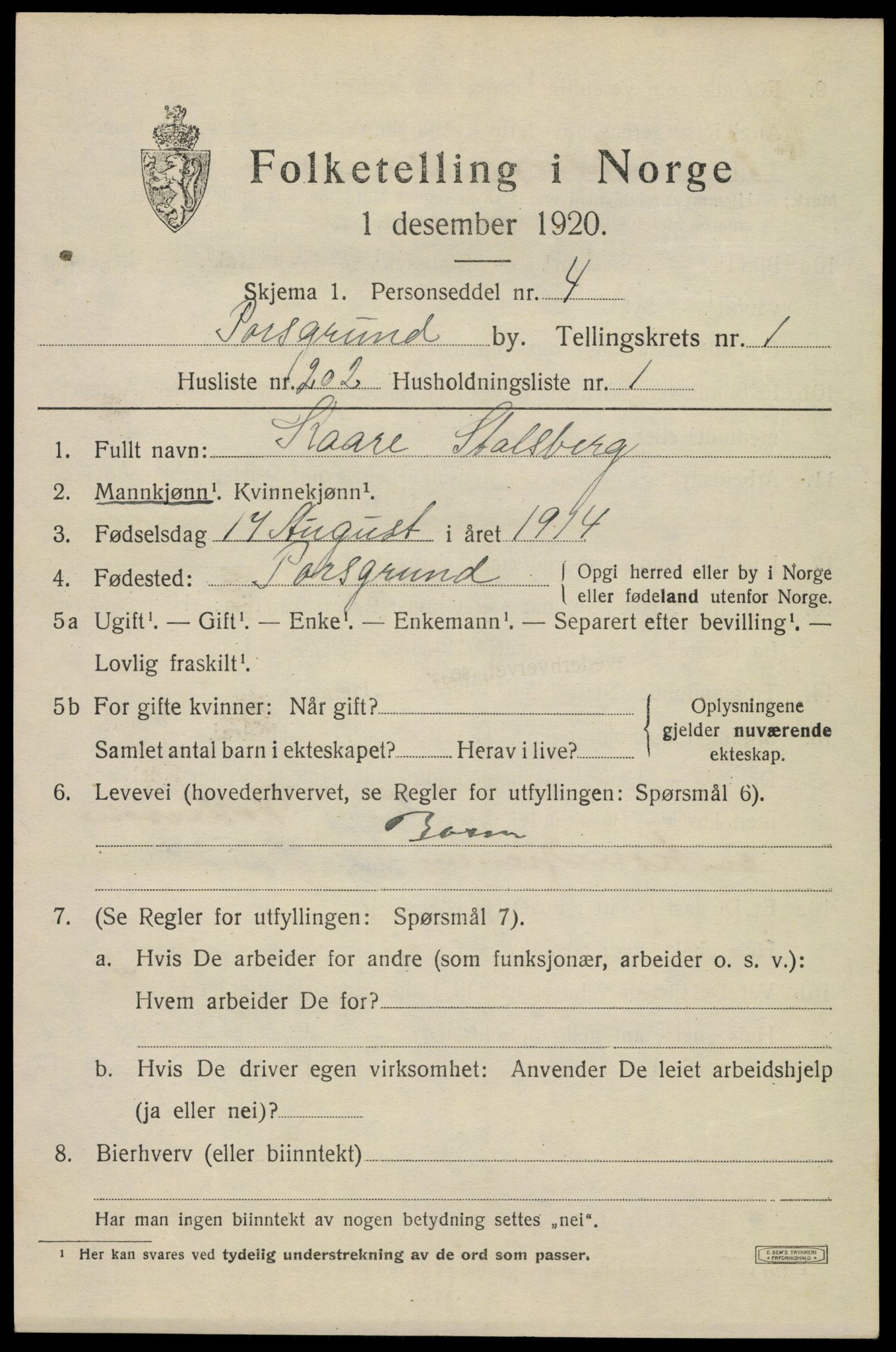 SAKO, 1920 census for Porsgrunn, 1920, p. 9437