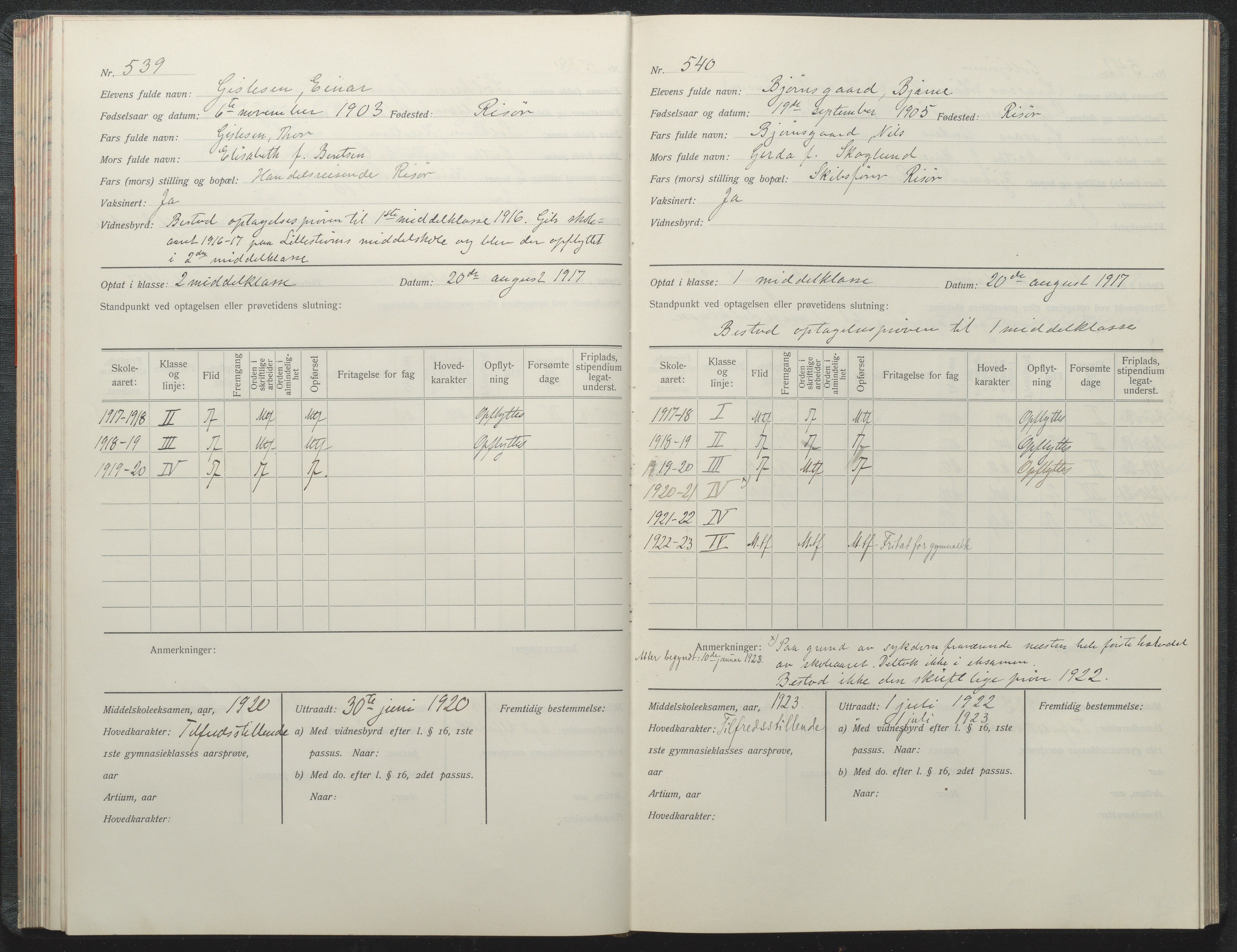 Risør kommune, AAKS/KA0901-PK/1/05/05i/L0002: Manntallsprotokoll, 1911-1925, p. 539-540