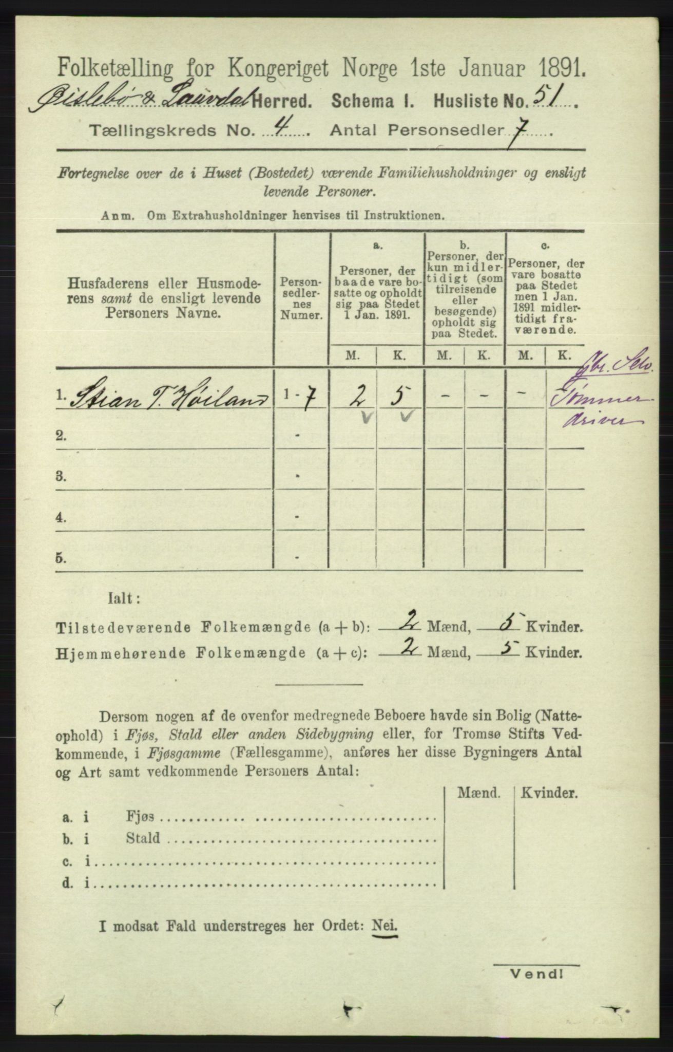 RA, 1891 census for 1021 Øyslebø og Laudal, 1891, p. 1001