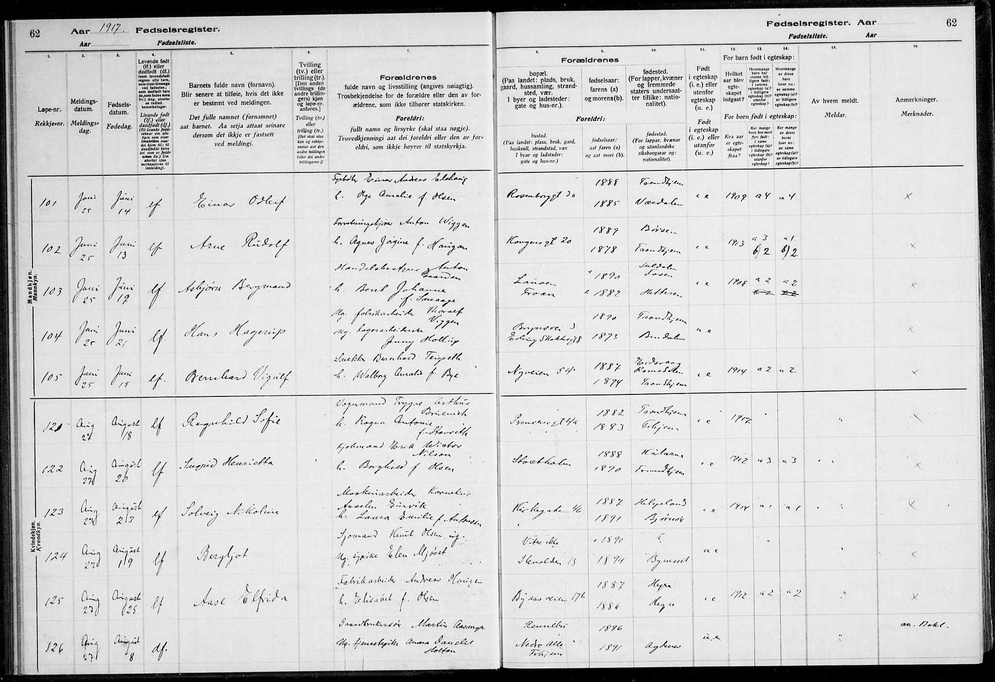 Ministerialprotokoller, klokkerbøker og fødselsregistre - Sør-Trøndelag, AV/SAT-A-1456/600/L0002: Birth register no. 600.II.4.1, 1916-1920, p. 62