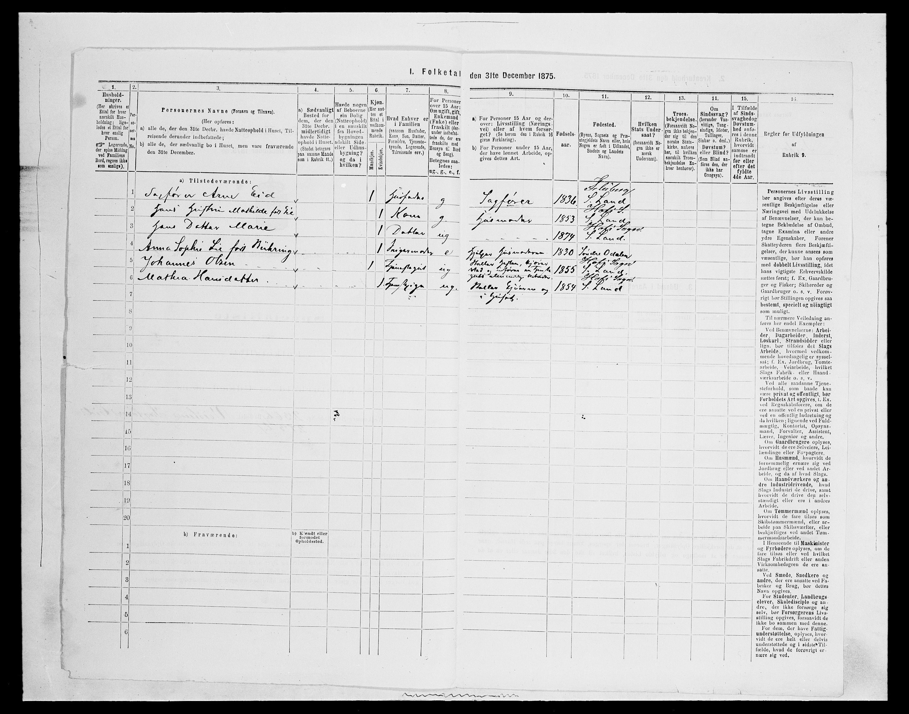 SAH, 1875 census for 0536P Søndre Land, 1875, p. 254