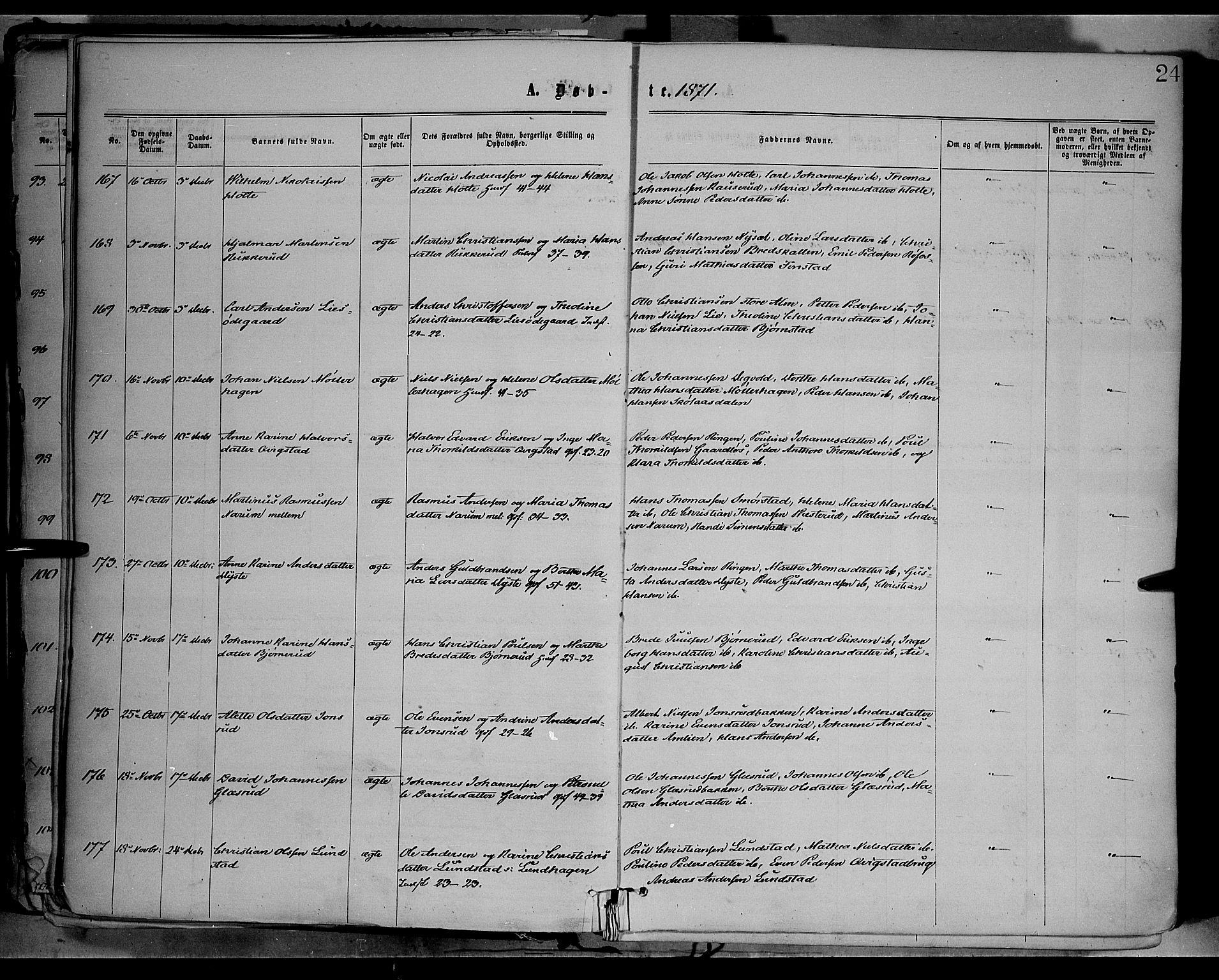 Vestre Toten prestekontor, SAH/PREST-108/H/Ha/Haa/L0008: Parish register (official) no. 8, 1870-1877, p. 24