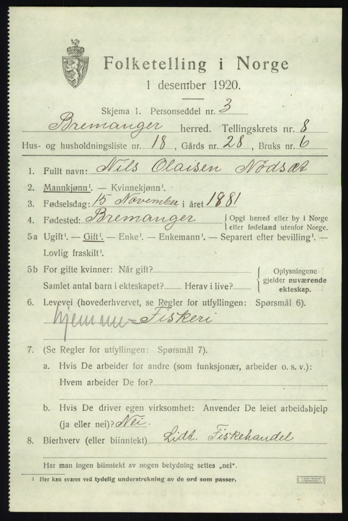 SAB, 1920 census for Bremanger, 1920, p. 5006