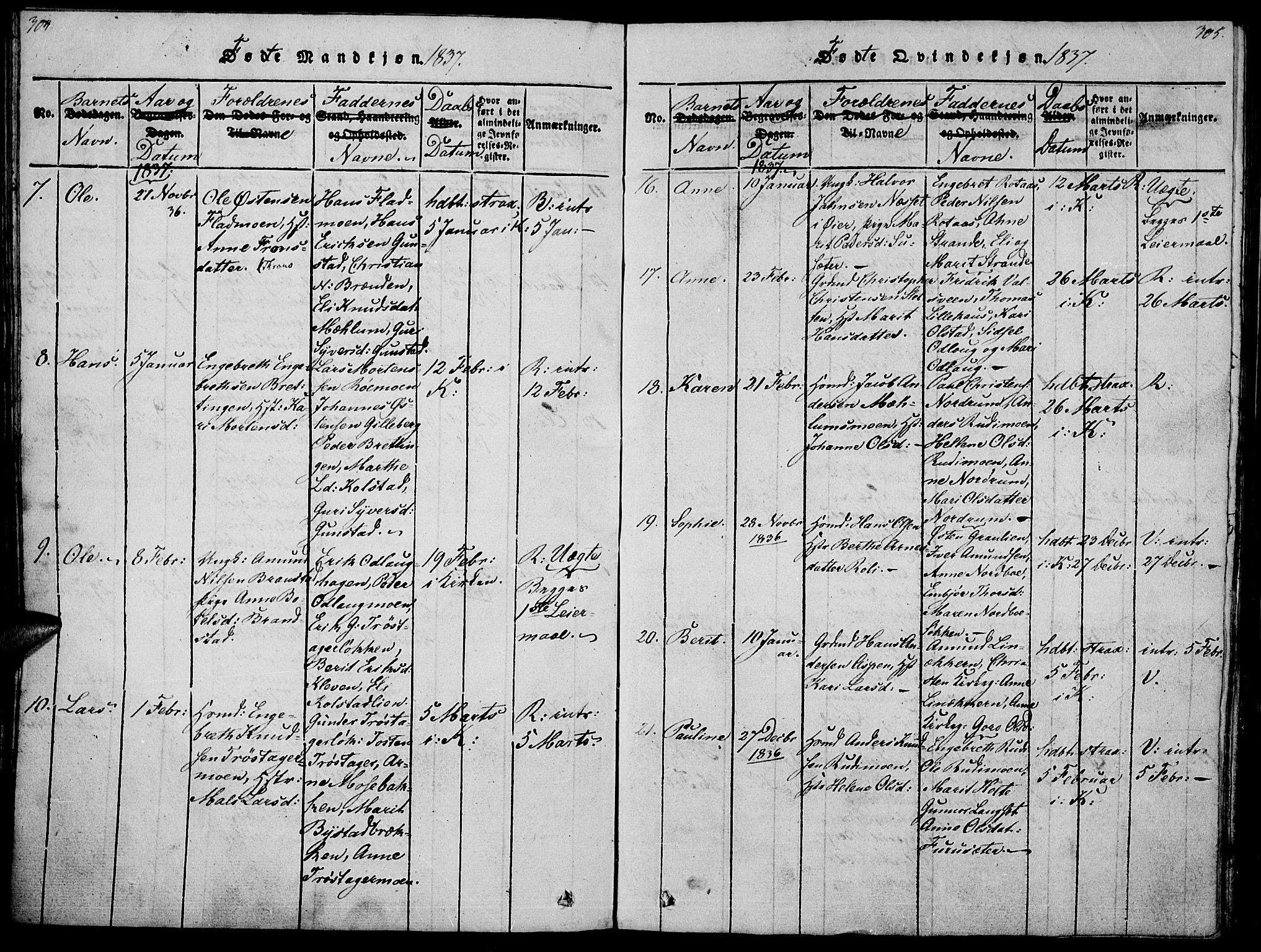 Ringebu prestekontor, AV/SAH-PREST-082/H/Ha/Haa/L0004: Parish register (official) no. 4, 1821-1839, p. 304-305