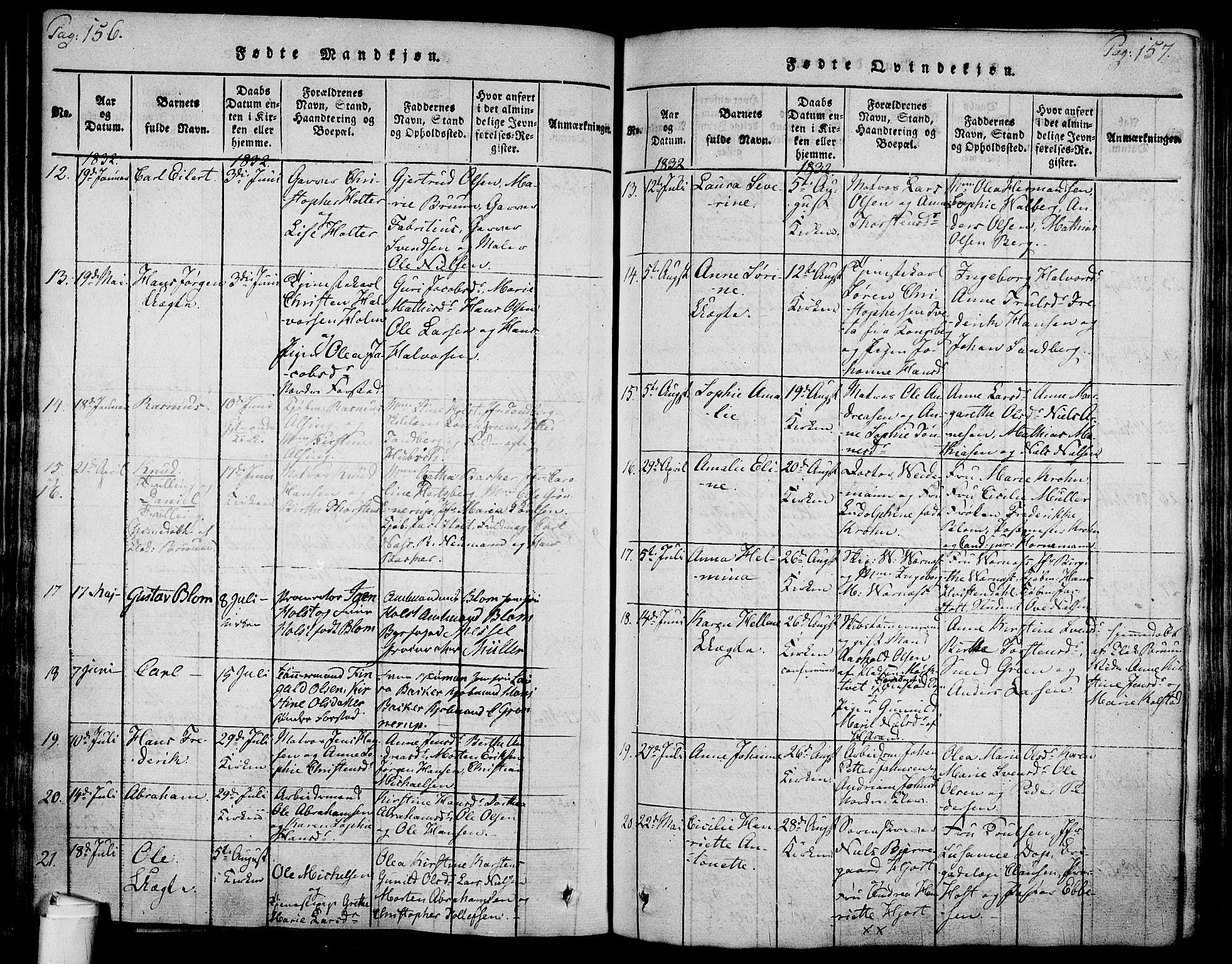 Holmestrand kirkebøker, SAKO/A-346/F/Fa/L0001: Parish register (official) no. 1, 1814-1840, p. 156-157