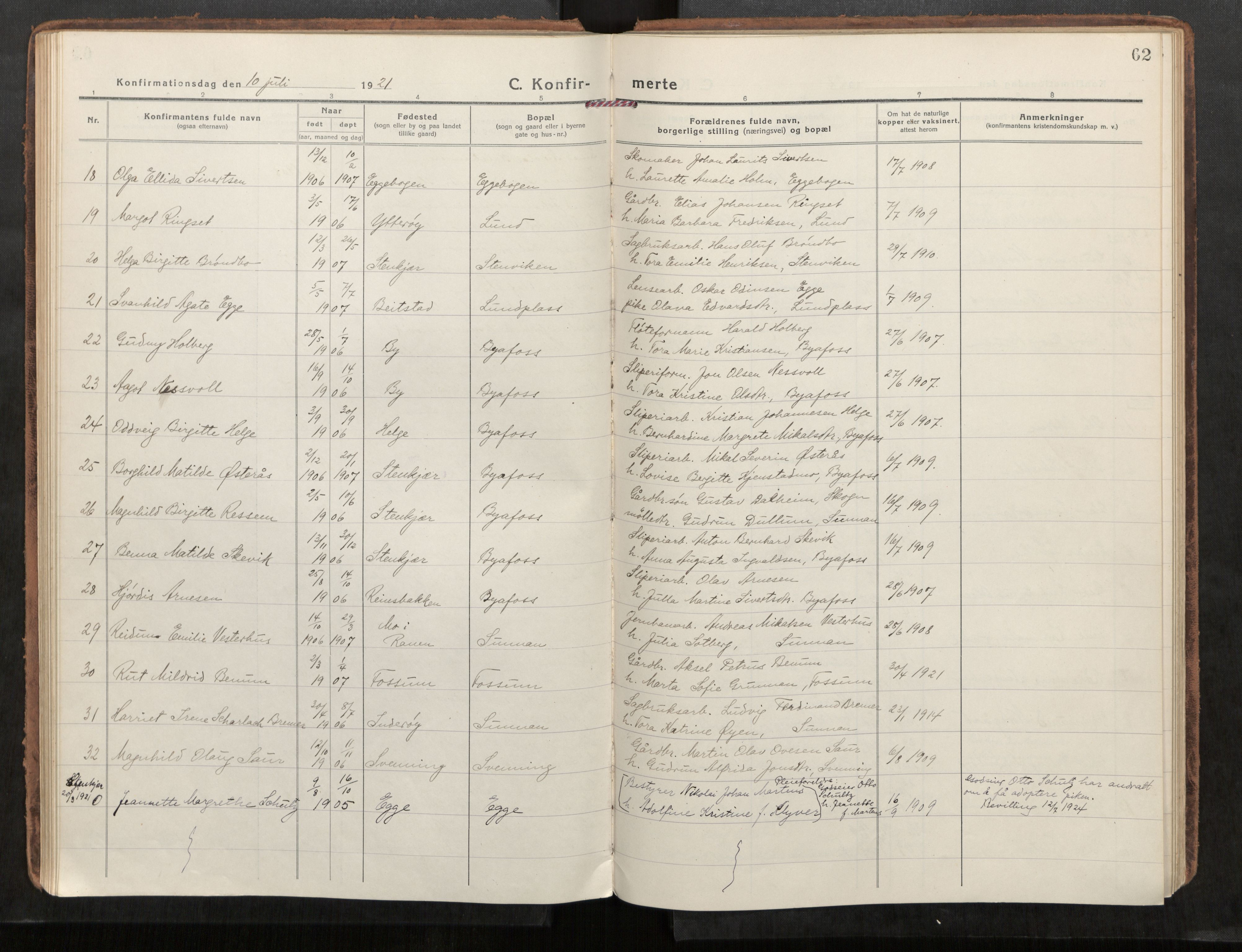 Steinkjer sokneprestkontor, SAT/A-1541/01/H/Ha/Haa/L0004: Parish register (official) no. 4, 1918-1924, p. 62