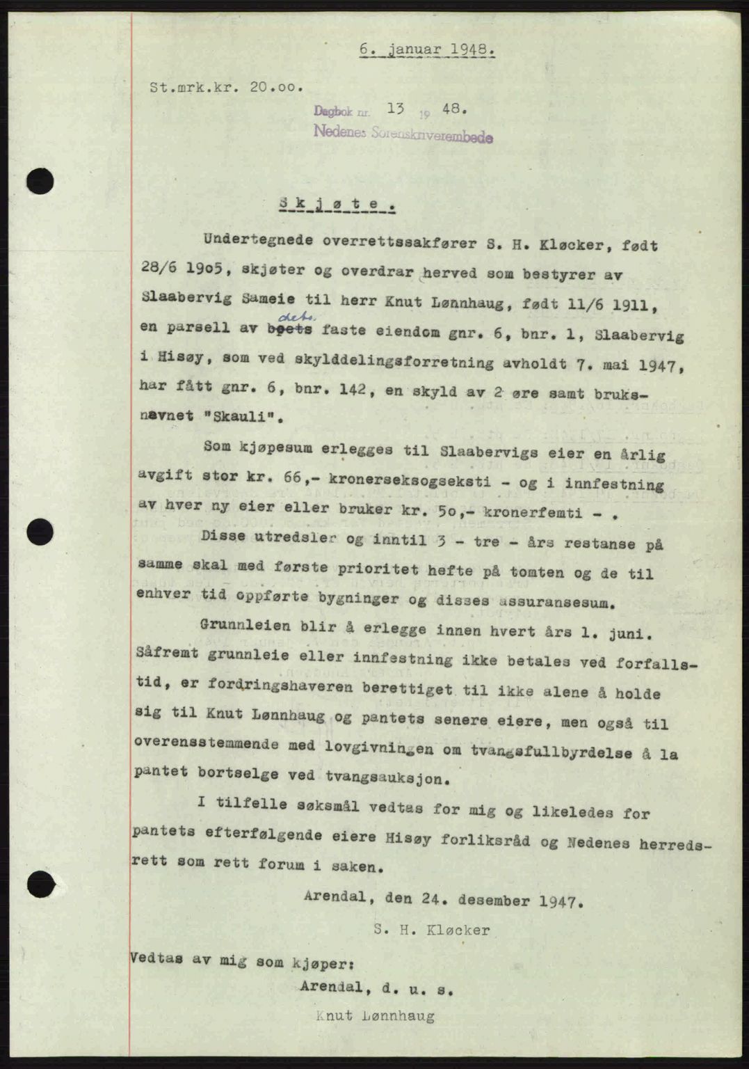 Nedenes sorenskriveri, SAK/1221-0006/G/Gb/Gba/L0058: Mortgage book no. A10, 1947-1948, Diary no: : 13/1948