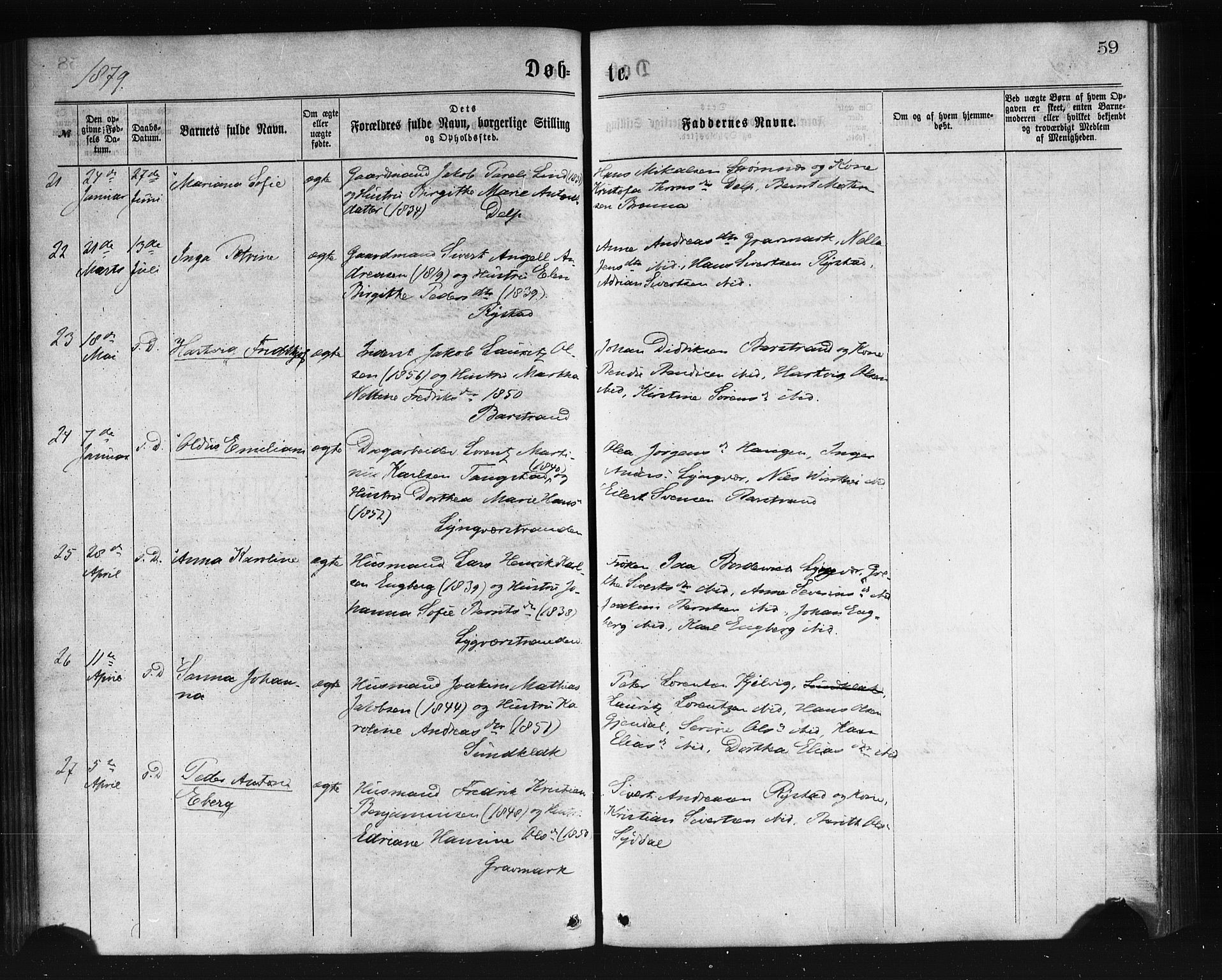 Ministerialprotokoller, klokkerbøker og fødselsregistre - Nordland, AV/SAT-A-1459/876/L1096: Parish register (official) no. 876A02, 1870-1886, p. 59