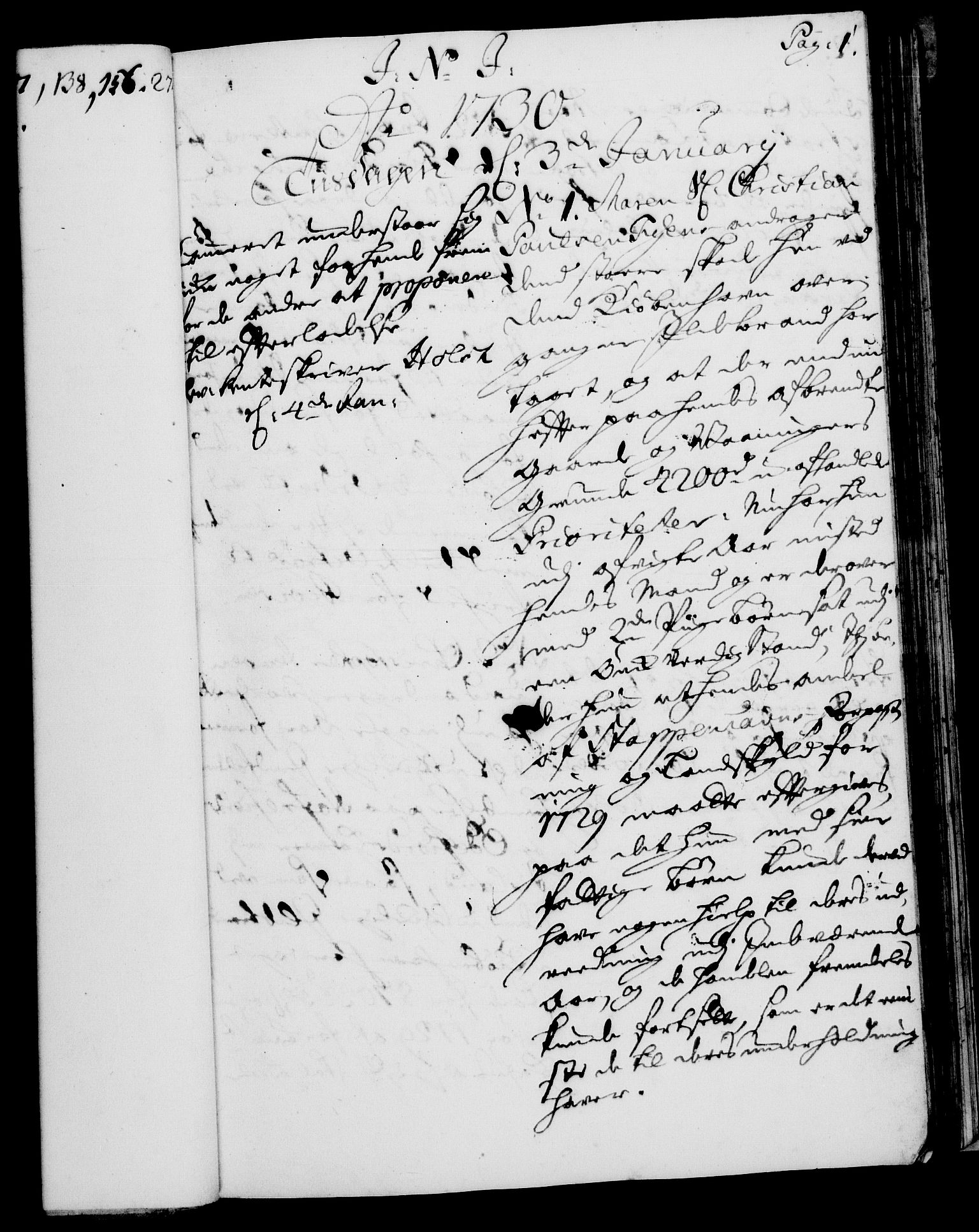 Rentekammeret, Kammerkanselliet, AV/RA-EA-3111/G/Gh/Gha/L0012: Norsk ekstraktmemorialprotokoll (merket RK 53.57), 1730, p. 1