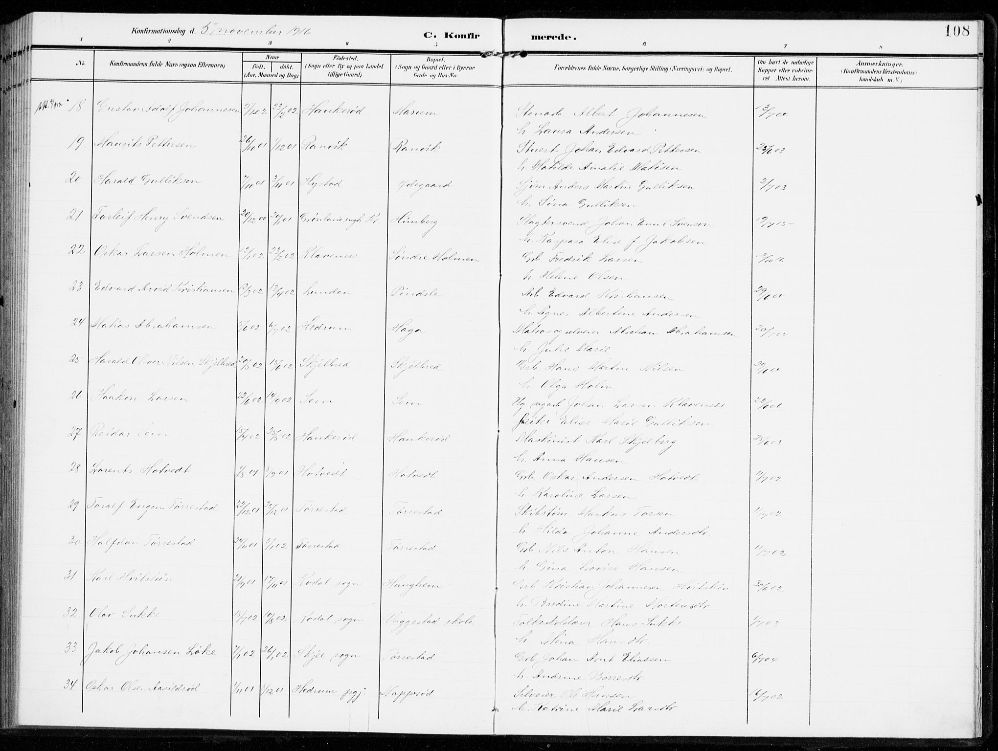 Sandar kirkebøker, SAKO/A-243/F/Fa/L0017: Parish register (official) no. 17, 1907-1917, p. 108